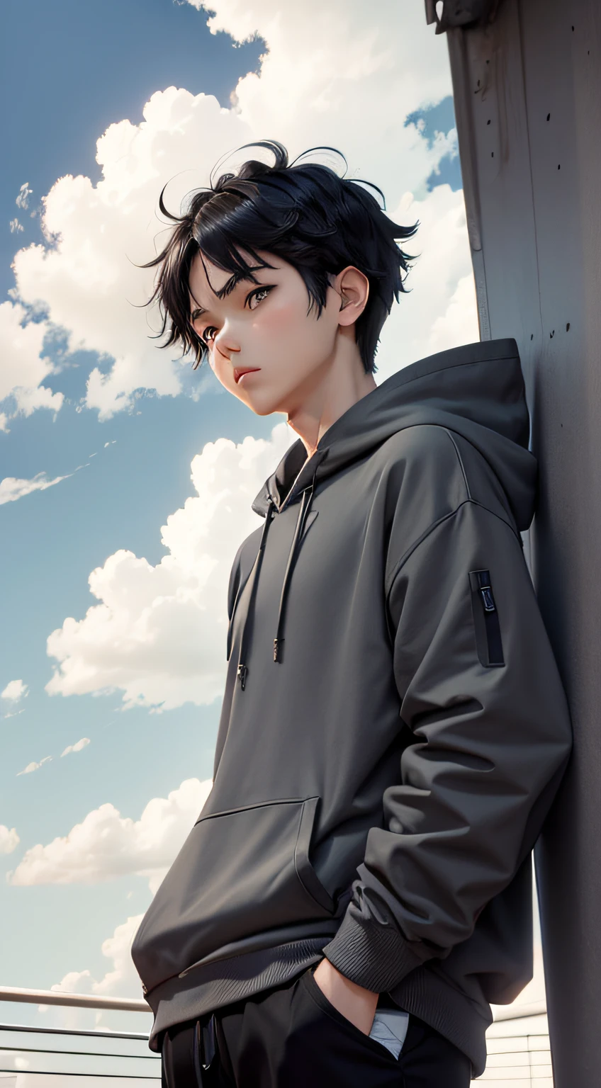 anime indonesian boy, 1boy, black hair, ,wear hat,wear grey hoodie, looking away at the sky, sky with clouds, afternoon, lo-fi, camera from below