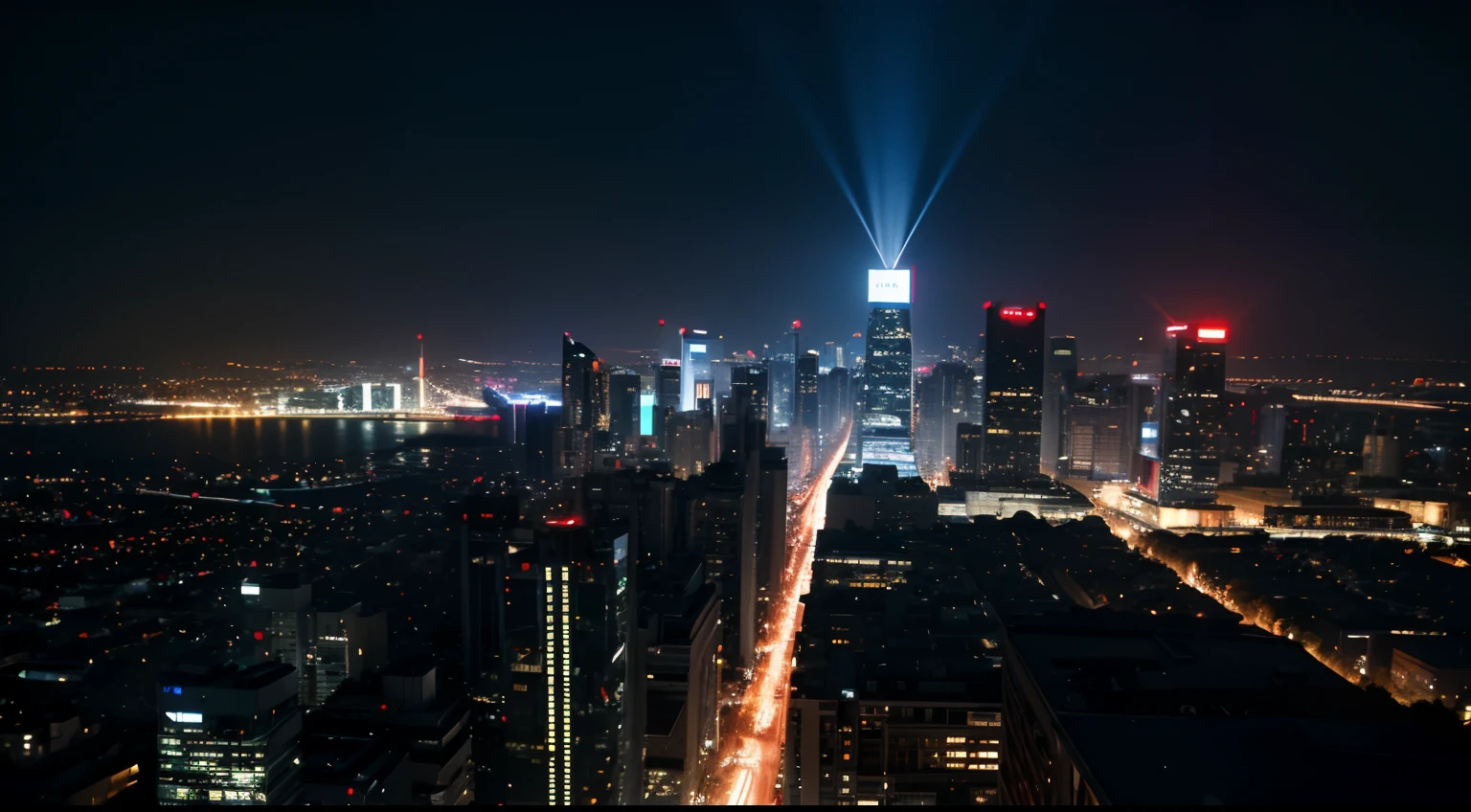 night city view from street, tall buildings, cyberpunk vibes, lens flare, 135mm, cinematic lighting, super detail, UHD, masterpiece, high quality, super detail