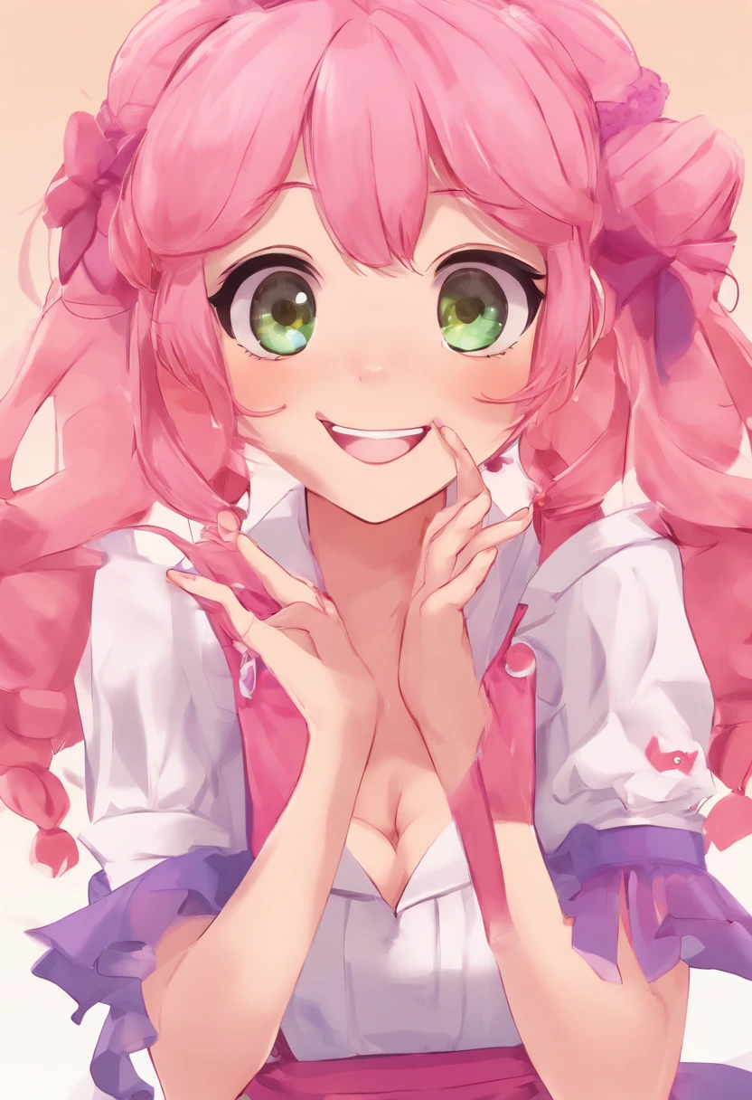 ((4K, Masterpiece, Best Quality)) 1girl, (maid, big tits, pink long hair, round eyes, pink eyes, curly ends, tall, (((evil smile)))), standing, looking at viewer,
Negative prompts: EasyNegative, bad artist animation, low quality, worst quality, bad hands -5, bad hands -4, ugly, big eyes, text, logo, monochrome, worst face, EasyNegative, extra fingers, fewer fingers.