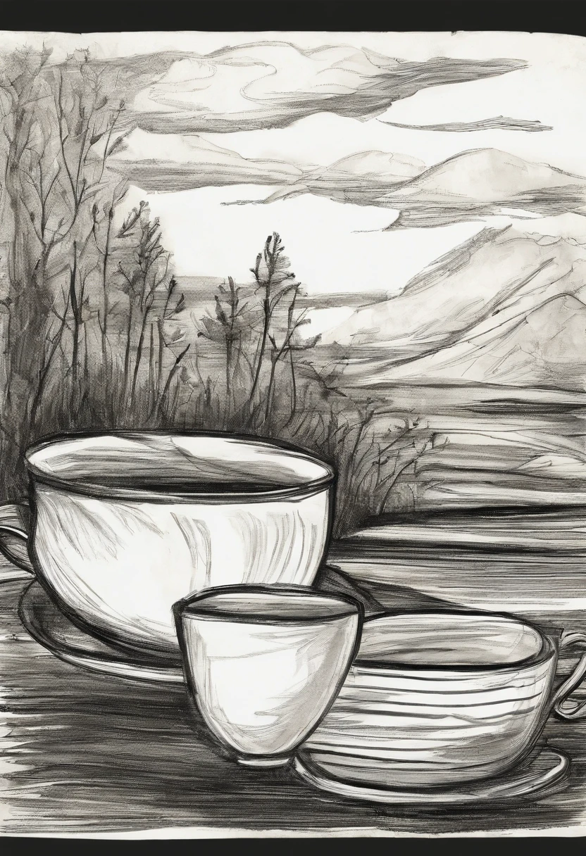 Rough coal sketch on old paper, Neat line art,+Lines of expression,Paint in an expressive sketch style, hatching, black and white sketch, hand drawn, Rough coal sketch on old paper, Neat line art,+Lines of expression,Paint in an expressive sketch style, hatching, black and white sketch, hand drawn, sketchpad, Linear style::Sketch Notes Style Sketch, Linear style::Sketch annotation style, Photo of a cup of tea, 1 mug, A cup of tea