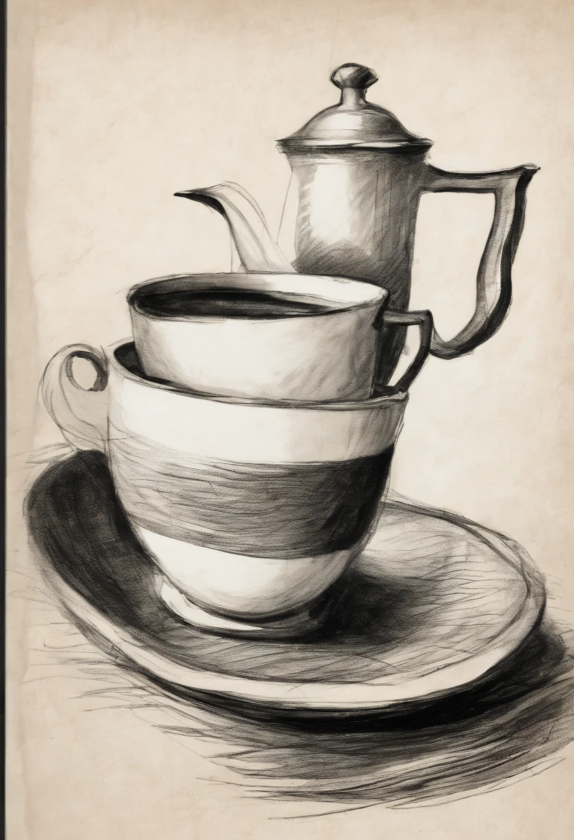 Rough coal sketch on old paper, Neat line art,+Lines of expression,Paint in an expressive sketch style, hatching, black and white sketch, hand drawn, Rough coal sketch on old paper, Neat line art,+Lines of expression,Paint in an expressive sketch style, hatching, black and white sketch, hand drawn, sketchpad, Linear style::Sketch Notes Style Sketch, Linear style::Sketch annotation style, Photo of a cup of tea, 1 mug, A cup of tea