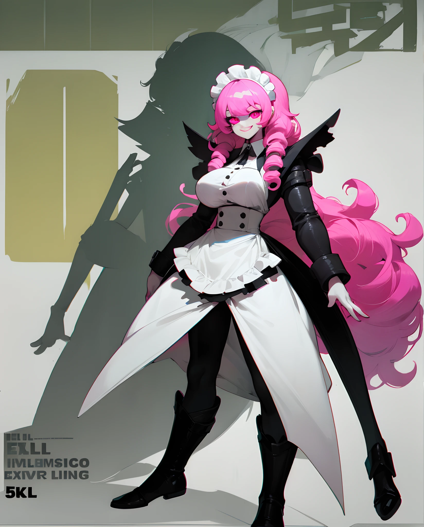((4K, Masterpiece, Best Quality)) 1girl, (maid, big tits, pink long hair, round eyes, pink eyes, curly ends, tall, (((evil smile)))), standing, looking at viewer, human.
Negative prompts: EasyNegative, bad artist animation, low quality, worst quality, bad hands -5, bad hands -4, ugly, big eyes, text, logo, monochrome, worst face, EasyNegative, extra fingers, fewer fingers.