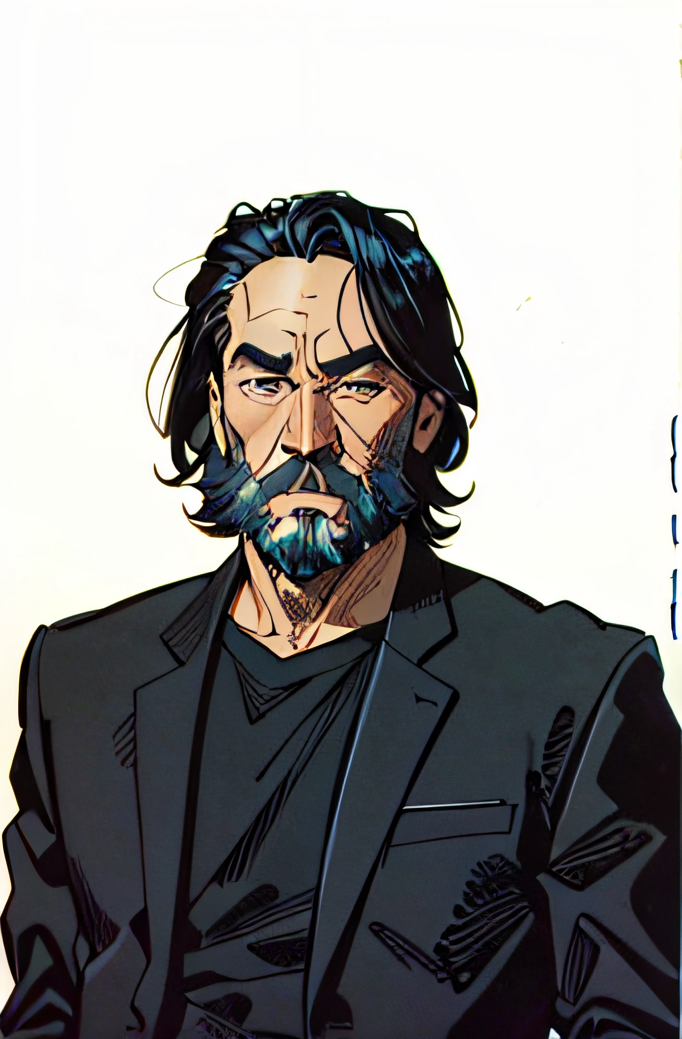 a man, black suit, beard, comics style, analog style, illustration lineart
