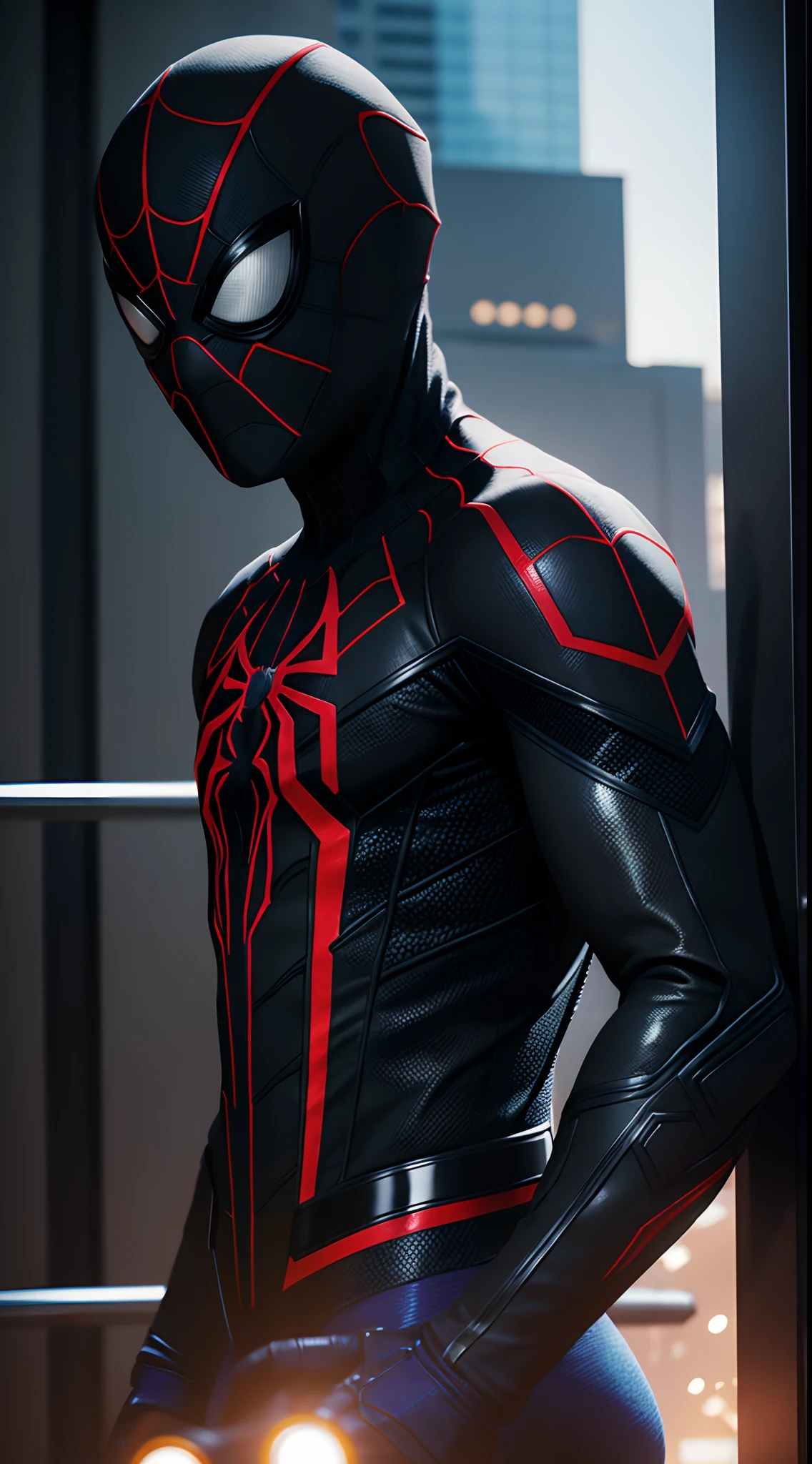 Miles Morales uniform Black Spider-Man Marvel, 35mm lens, photography, ultra details, HDR, UHD,8K