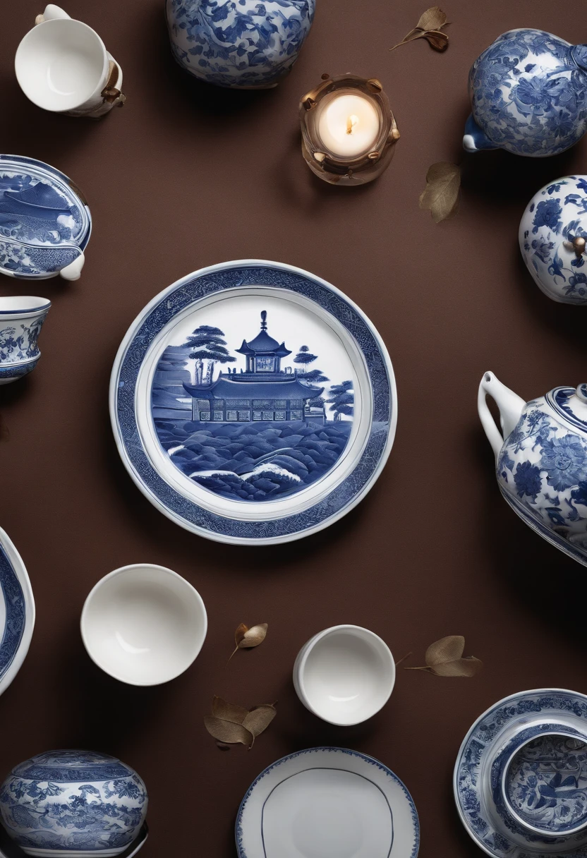 Blue and white porcelain,Ceramic material,Chinese style phone case on table,artwork of a,Ornaments, high detail,3D, Chiaroscuro, Cinematic lighting, god light, Cinematic lighting, hyper HD, High details, Best quality, A high resolution, Textured skin
