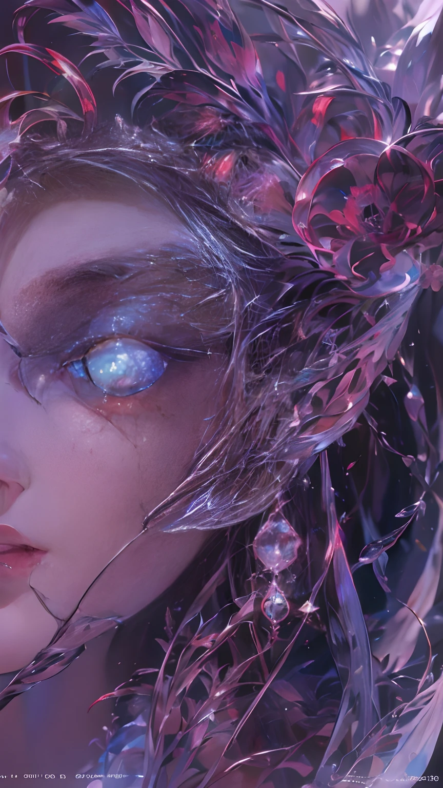 (best qualtiy,ultra - detailed,Most Best Illustration,Best shadow,tmasterpiece,A high resolution,professionalartwork,famousartwork),Detailed eyes,beautidful eyes,closeup cleavage,sci-fy,colored sclera,Robot eyes,face markings,Tattooed with,(fractalized,Fractal eyes),largeeyes,Wide eyes,(Eye focus),sface focus,Cosmic eyes,Space eyes,Close-up of metal sculpture of a woman with a moon in her hair,goddes。extremly high detail,3 d goddess portrait,Extremely detailed footage of the goddess,a stunning portrait of a goddess,goddess portrait,portrait of a beautiful goddess,goddess close-up portrait,hecate goddess,portrait of a norse moon goddess,goddess of space and time, future design, neonlight, metallic luster