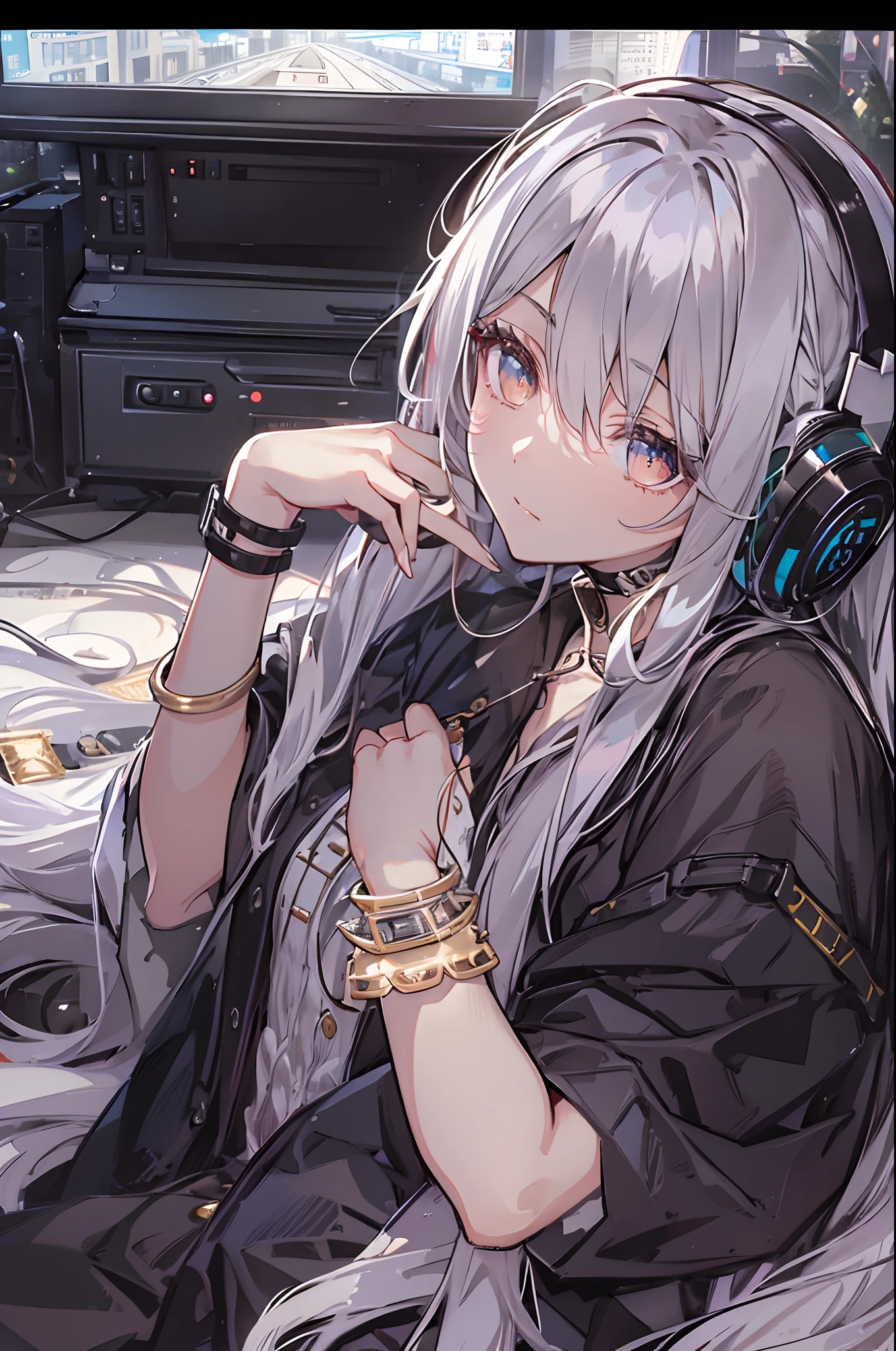 Woman using computer with big screen、silber hair、Semi-long hair、Wearing cool headphones,{{{{{{{{ Black Parker Oversize }}}}}}}},beautiful and delicate golden eyes,Thinking,black Clothes,