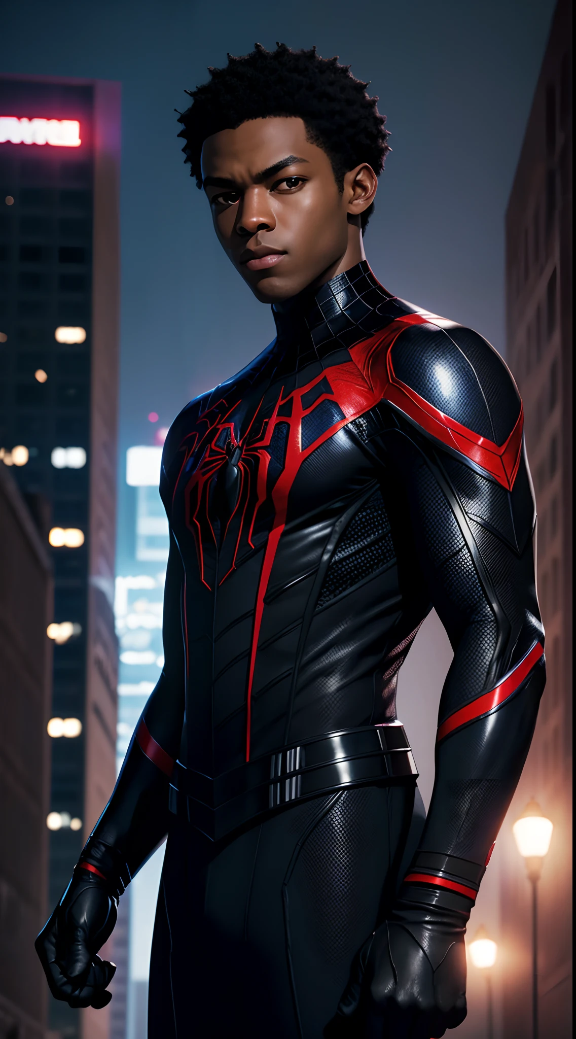 Miles Morales uniform Black Spider-Man Marvel, 35mm lens, photography, ultra details, HDR, UHD,8K