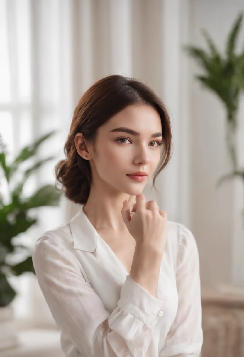 Woman posing for photo in living room with holding the right hand upright with the back of the palm facing the right direction , white shirt, gorgeous model, holding the right hand upright with the back of the palm facing the right direction, brown hair, attractive model, 2 4-year-old female model, face and upperbody shot holding right hand up, straight face
