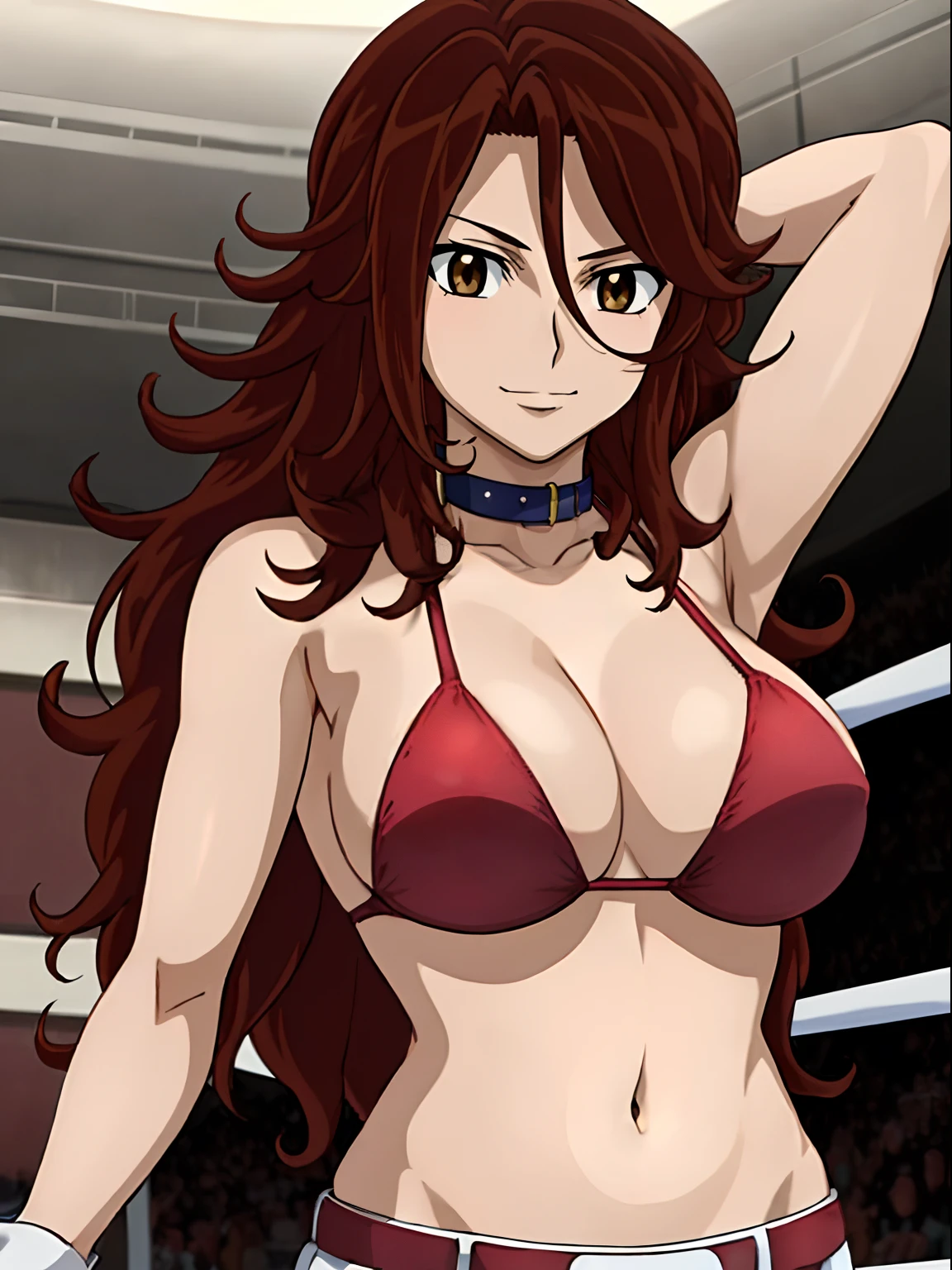 Best Quality, hires, curvy midsection, solo, 1 girl, strong woman, female wrestler, smile, happy), (detailed titration screen, upper body only, anime style: 1.8, anime drawing, ultra detailed face, ultra detailed body, 4k, Sumergai Lee Noriega, (standing), best quality, anime style, hires, highest definition, digital blending, bold drawing lines, ((wwe diva), ((White Background)), ( pro female wrestler, long attractive belly, slim body, (strong arm muscles), broad shoulders , off-shoulders, closed fists, (very curvy: 2.8)), ((elegant red bikini , shorts, white gloves, collar, arm band, (champion belt))), (pale skin, big breasts, closed mouth), (big eyes, brown eyes, shiny eyes), (), (reddish hair, loose hair, curly hair, wavy hair, long hair, missy hair), 27 years old