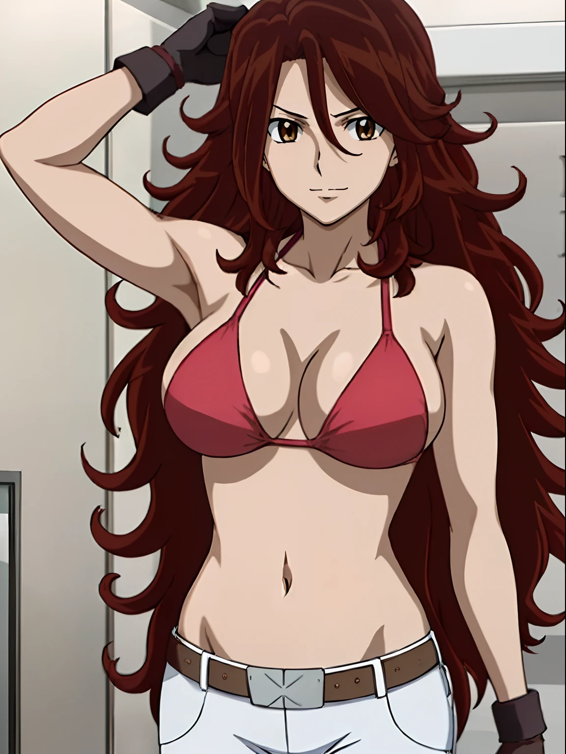 Best Quality, hires, curvy midsection, solo, 1 girl, strong woman, female wrestler, smile, happy), (detailed titration screen, upper body only, anime style: 1.8, anime drawing, ultra detailed face, ultra detailed body, 4k, Sumergai Lee Noriega, (standing), best quality, anime style, hires, highest definition, digital blending, bold drawing lines, ((wwe diva), ((White Background)), ( pro female wrestler, long attractive belly, slim body, (strong arm muscles), broad shoulders , off-shoulders, closed fists, (very curvy: 2.8)), ((elegant red bikini , shorts, white gloves, collar, arm band, (champion belt))), (pale skin, big breasts, closed mouth), (big eyes, brown eyes, shiny eyes), (), (reddish hair, loose hair, curly hair, wavy hair, long hair, missy hair), 27 years old