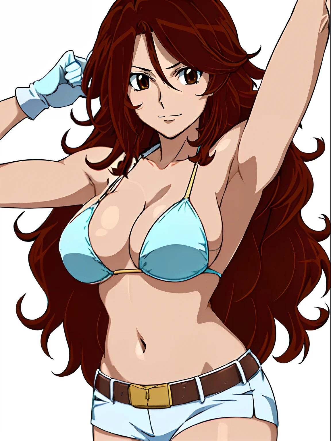 Best Quality, hires, curvy midsection, solo, 1 girl, strong woman, female wrestler, smile, happy), (detailed titration screen, upper body only, anime style: 1.8, anime drawing, ultra detailed face, ultra detailed body, 4k, Sumergai Lee Noriega, (standing), best quality, anime style, hires, highest definition, digital blending, bold drawing lines, ((wwe diva), ((White Background)), ( pro female wrestler, long attractive belly, slim body, (strong arm muscles), broad shoulders , off-shoulders, closed fists, (very curvy: 2.8)), ((elegant red bikini , shorts, white gloves, collar, arm band, (champion belt))), (pale skin, big breasts, closed mouth), (big eyes, brown eyes, shiny eyes), (), (reddish hair, loose hair, curly hair, wavy hair, long hair, missy hair), 27 years old
