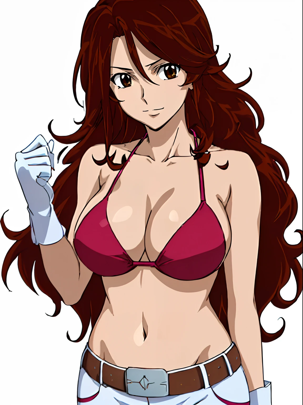 Best Quality, hires, curvy midsection, solo, 1 girl, strong woman, female wrestler, smile, happy), (detailed ration screen, upper body only, anime style: 1.8, anime drawing, ultra detailed face, ultra detailed body, 4k, Sumergai Lee Noriega, (standing), best quality, anime style, hires, highest definition, digital blending, bold drawing lines, ((wwe diva), ((White Background)), ( pro female wrestler, long attractive belly, slim body, (strong arm muscles), broad shoulders , off-shoulders, closed fists, (very curvy: 2.8)), ((elegant red bikini , shorts, white gloves, collar, arm band, (champion belt))), (pale skin, biglosed mouth), (big eyes, brown eyes, shiny eyes), (), (reddish hair, loose hair, curly hair, wavy hair, long hair, missy hair), 27 years old