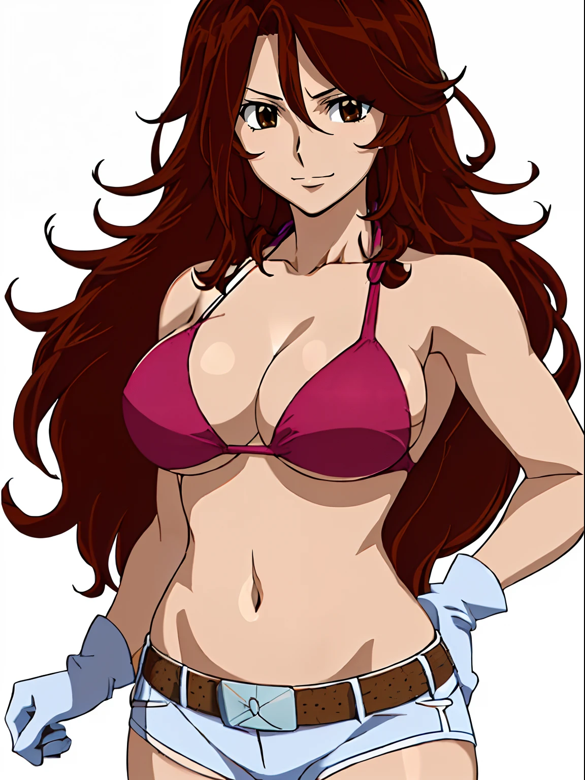 Best Quality, hires, curvy midsection, solo, 1 girl, strong woman, female wrestler, smile, happy), (detailed titration screen, upper body only, anime style: 1.8, anime drawing, ultra detailed face, ultra detailed body, 4k, Sumergai Lee Noriega, (standing), best quality, anime style, hires, highest definition, digital blending, bold drawing lines, ((wwe diva), ((White Background)), ( pro female wrestler, long attractive belly, slim body, (strong arm muscles), broad shoulders , off-shoulders, closed fists, (very curvy: 2.8)), ((elegant red bikini , shorts, white gloves, collar, arm band, (champion belt))), (pale skin, big breasts, closed mouth), (big eyes, brown eyes, shiny eyes), (), (reddish hair, loose hair, curly hair, wavy hair, long hair, missy hair), 27 years old