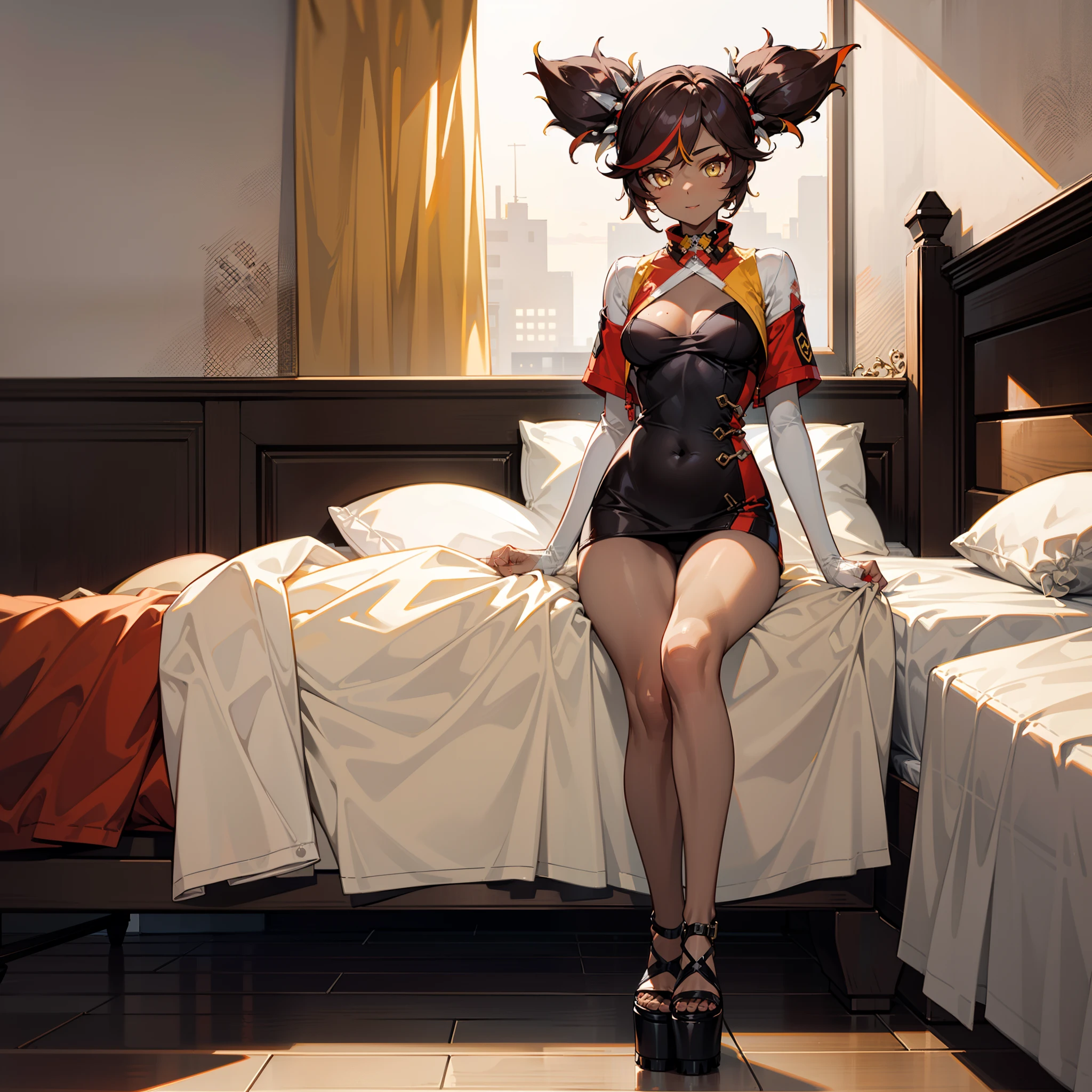 (Materpiece, complete body, best quality, good anatomy) 1 girl, solo, xinyan, tanned skin, brown hair, yellow eyes, happy, red shirt, black legrears, platform pump shoes, waiting for you, bed, bedroom, night.