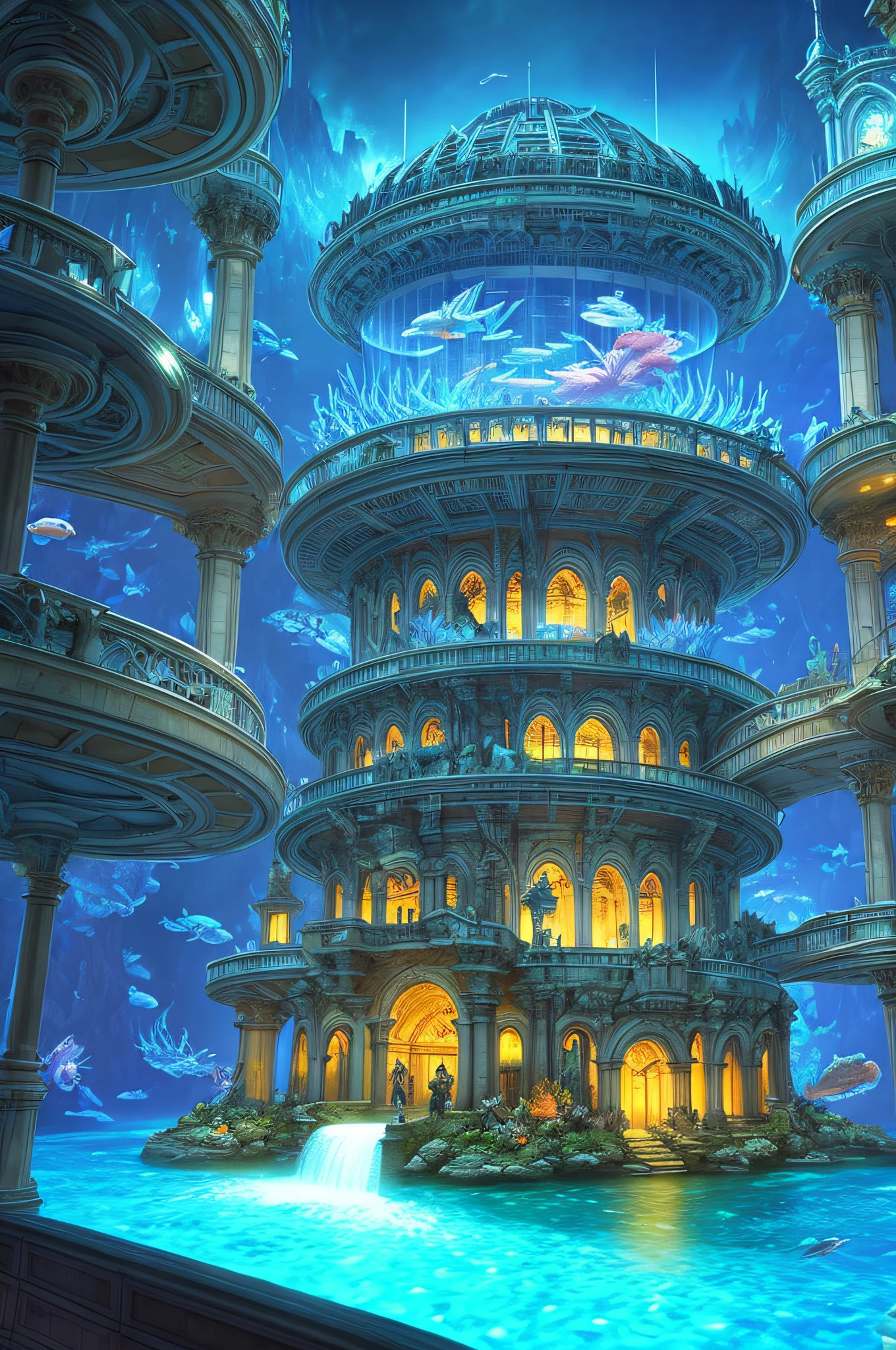 Fantasy concept art, a transparent building as a huge aquarium with fish at night, beautiful light decoration, wide angle lens, 8k octane rendering, realistic, epic shots, movie lighting, detailed architecture, detailed fish, brilliant and colorful