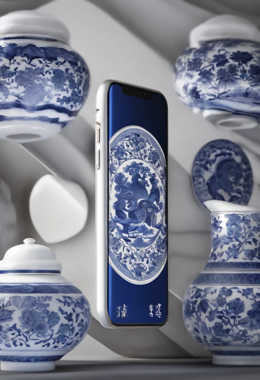 Blue and white porcelain,Ceramic material，Chinese style phone case，On a table，Embossed Chinese landscape，artwork of a，Ornaments， high detail,3D， Chiaroscuro, Cinematic lighting, god light, Cinematic lighting, hyper HD, High details, Best quality, A high resolution, Textured skin