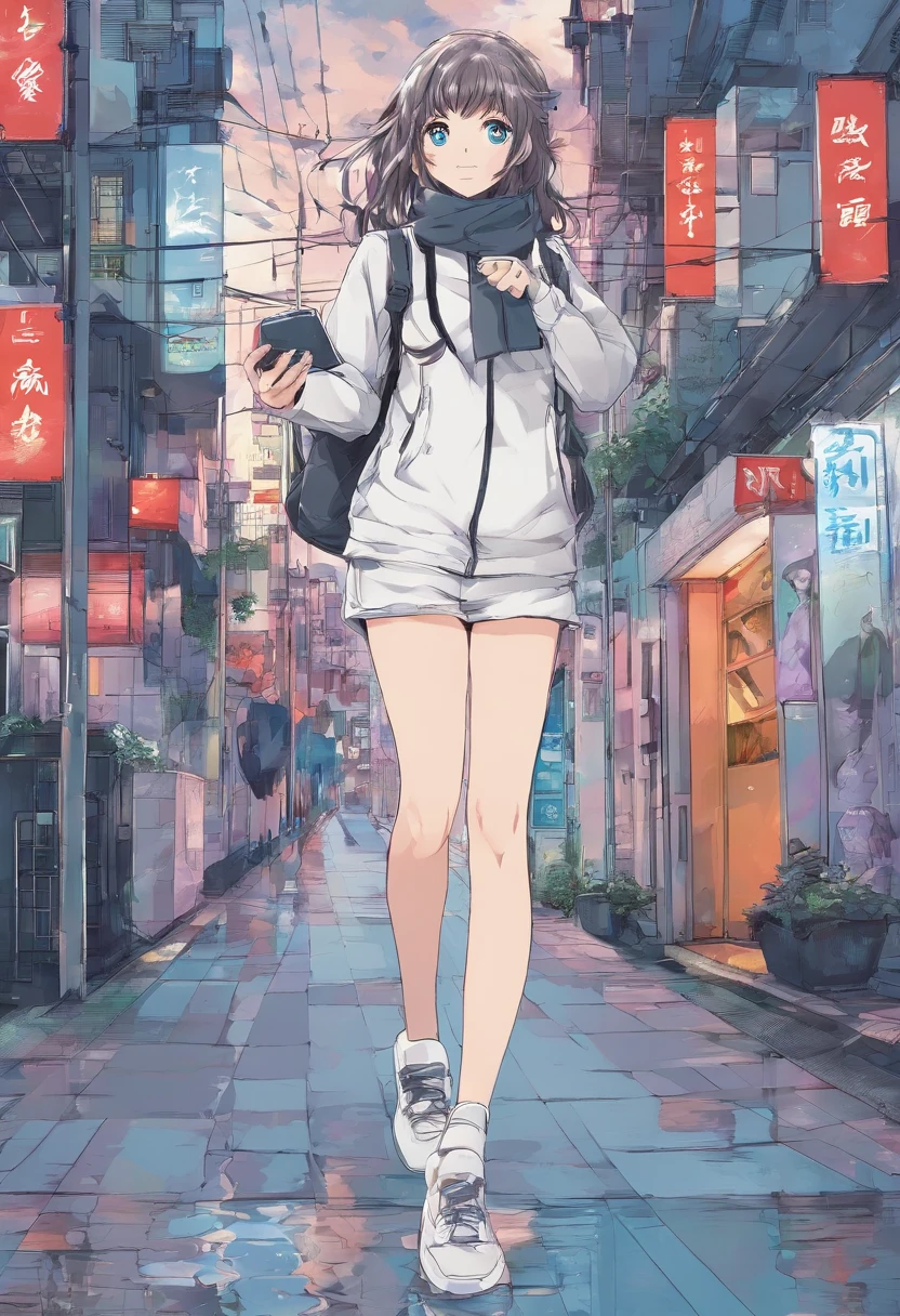 Uma garota,roupa escola cabelo branco,andando na rua a noita,olhando pro ceu de noite