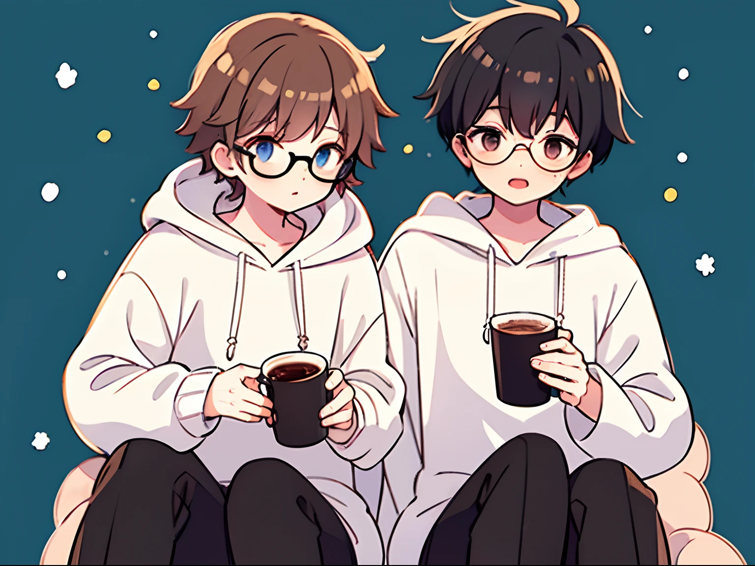 2 boys,black short curly hair,glasses,white long hair,black mix with white hoodie,snow background,drink hot coffee