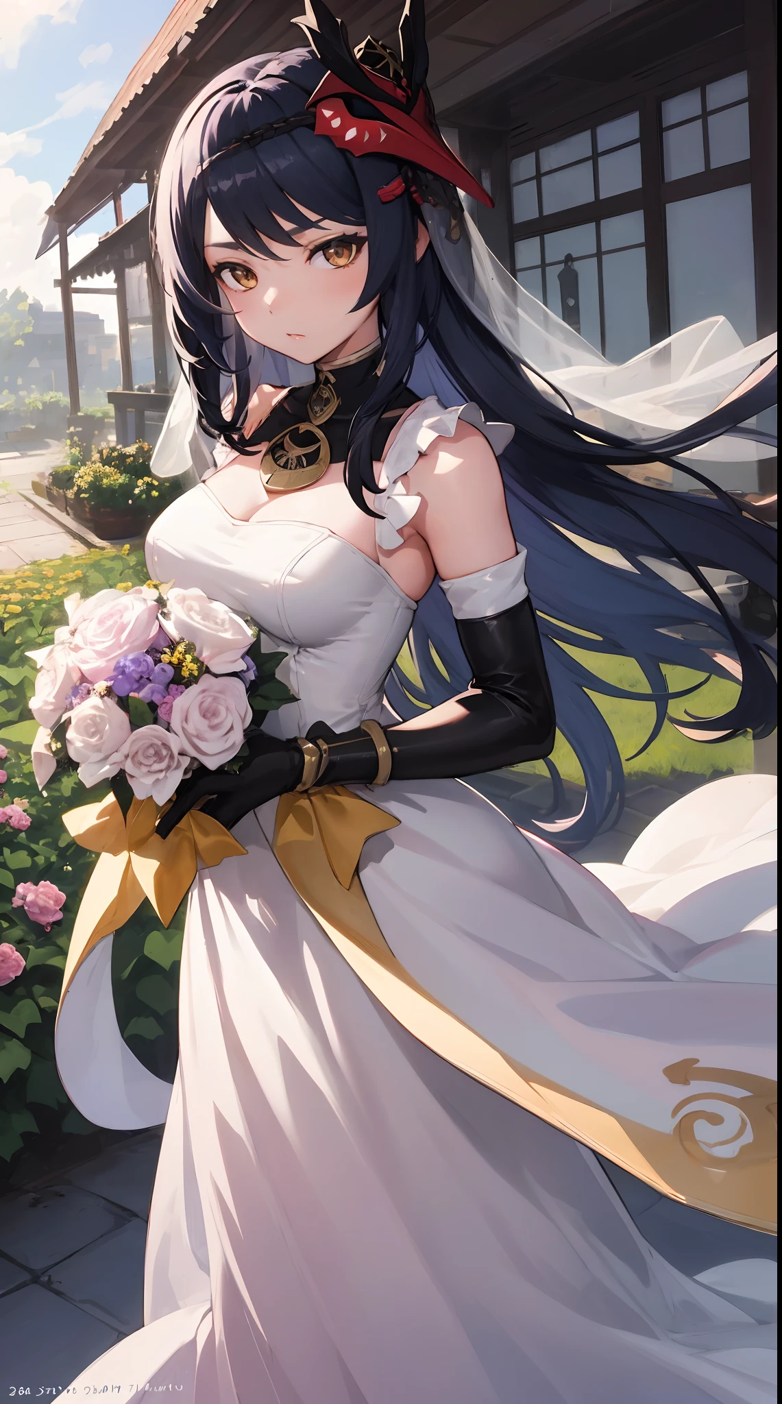 Kujou Sara | genshin impact, master-piece, bestquality, 1girls,25 years old, proportional body, proportional., Wedding Dresses, White Wedding Dress, Long skirt, wedding, ,bara, Standing in the middle of a flower garden, outdoor, wedding, The sky is beautiful, Both hands hold a bouquet of flowers.........................................................., View viewers from the front., Thigh strap, Head tilt, bored, 10, 10, HD, slight smile,