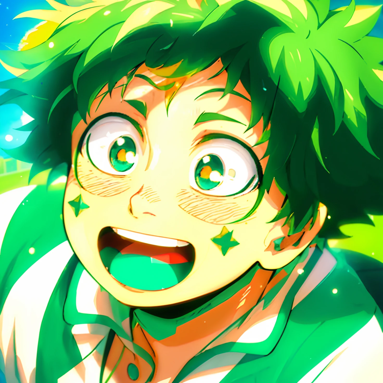 a close up of a person with green hair and a smile, izuku midoriya, in my hero academia, boku no hero academia style, my hero academia, today's featured anime still, 2 0 1 9 anime screenshot, 2 0 1 9 anime, joker looks like naruto, 2 0 2 1 anime, key anime visuals