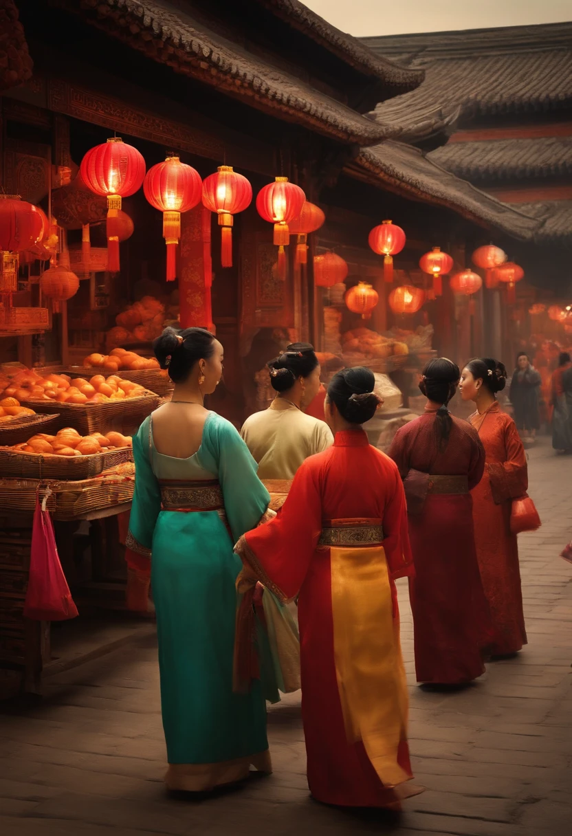 tang dynasty,A group of women in ancient Chinese style are shopping,The background is the streets and vendors