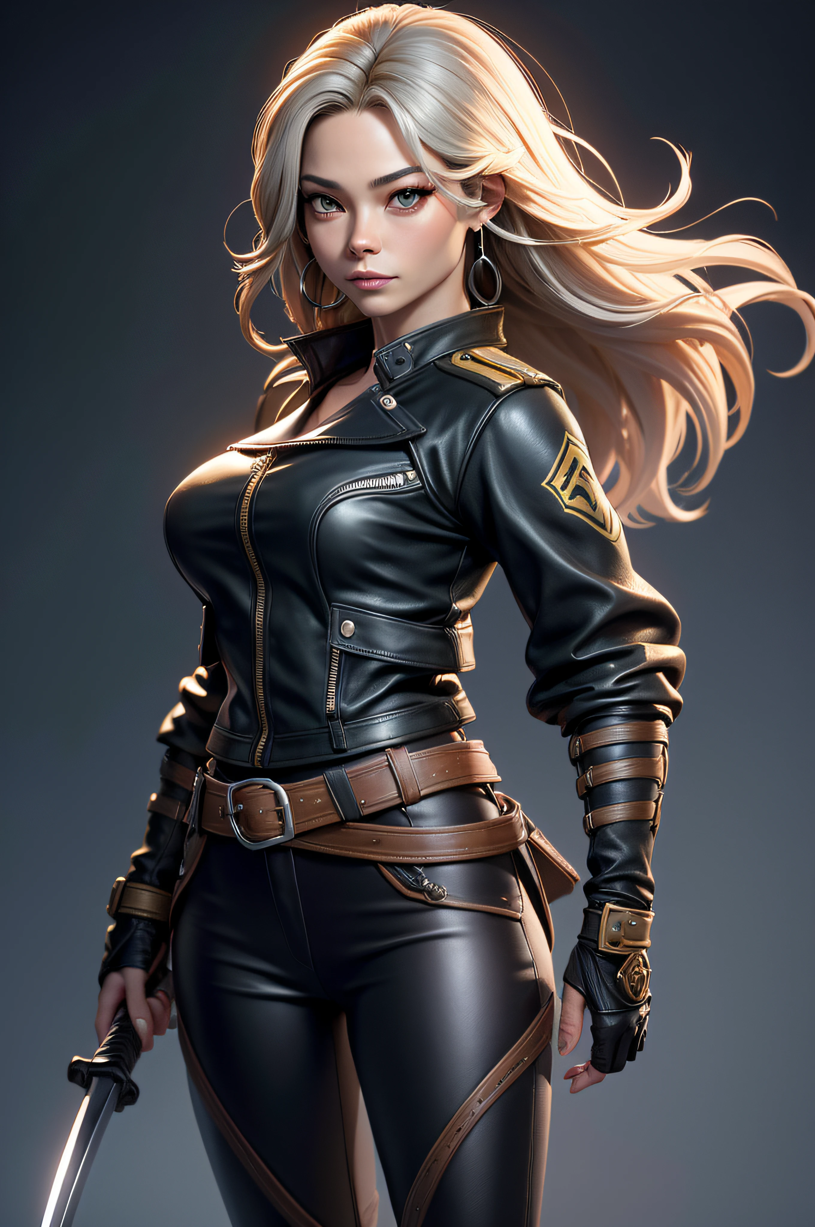 "Complete art masterpiece, high quality, ultra detailed in 4k, 8k, high resolution, hyper-realistic photo, hyper-detailed, realistic skin texture, amazing shadows, extremely detailed texture, perfect lighting, high-level image quality." A woman protagonist of a steam punk game, Fair skin, blond hair, outlined eyes, outlined face, bracelet, Full body, Nice leather clothes, steam punk dirty city on back, steamy motorcycle