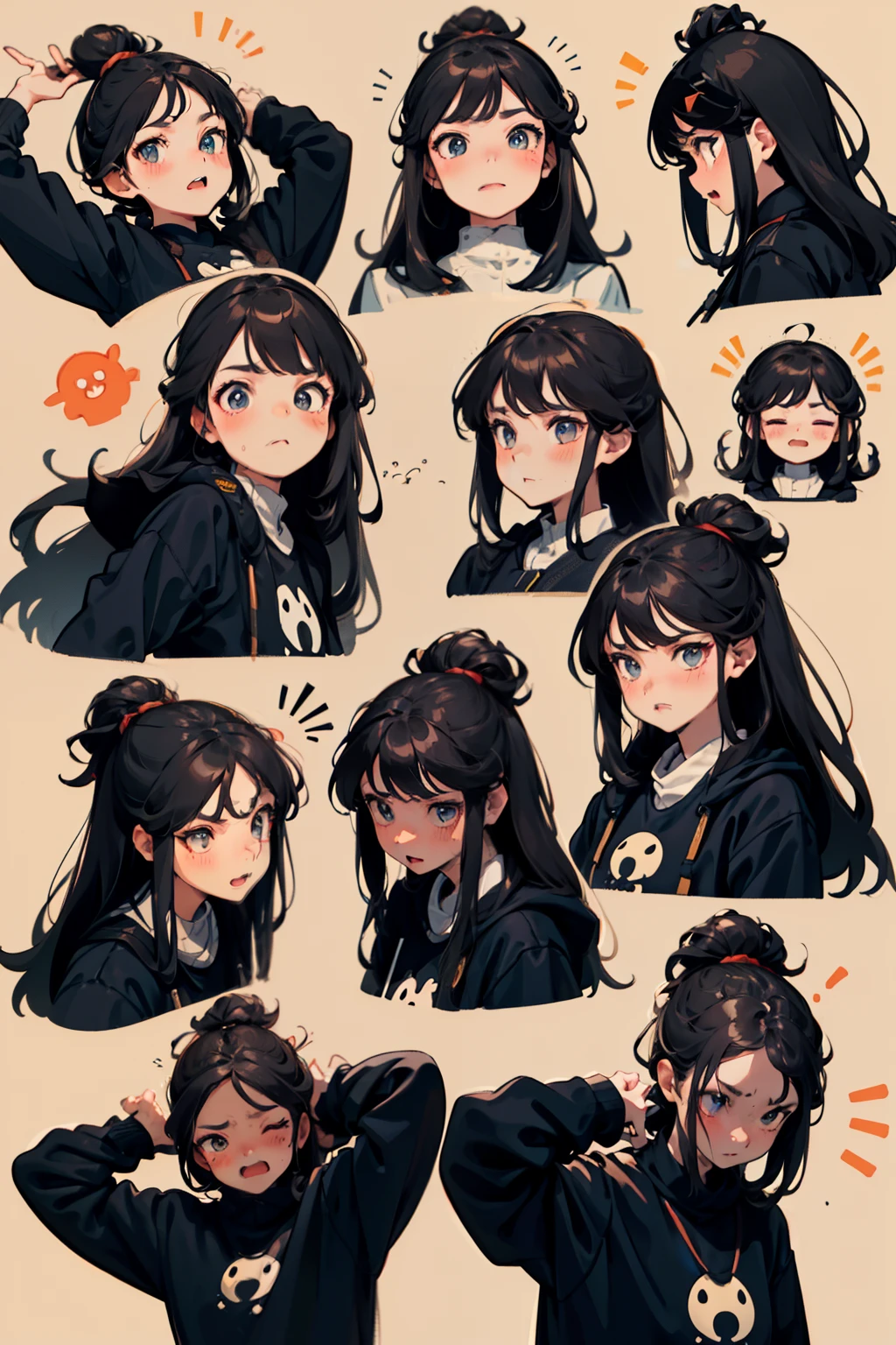 {High quality}, rendering by octane, Ultra HD, Depth of field, Epic, Cinematic, Ancient China, 1girll, Cute face, Solo, Flying Fish House,Cute girl avatar,Emoji pack,(beret),(9 emojis,emoji sheet of,Align arrangement),9 poses and expressions(grieves,astonishment,having fun,exhilarated,big laughter,Angry,doubt,Touch your head,Sell moe, wait),Anthropomorphic style,Black strokes,Different emotions,9 poses and expressions,8K