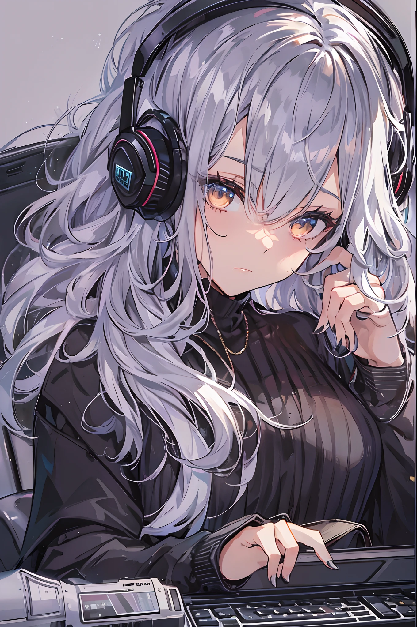 Woman using computer with big screen、silber hair、Semi-long hair、Wearing cool headphones,{{{{{{{{ Black Parker Oversize }}}}}}}},beautiful and delicate golden eyes,Thinking,black Clothes,