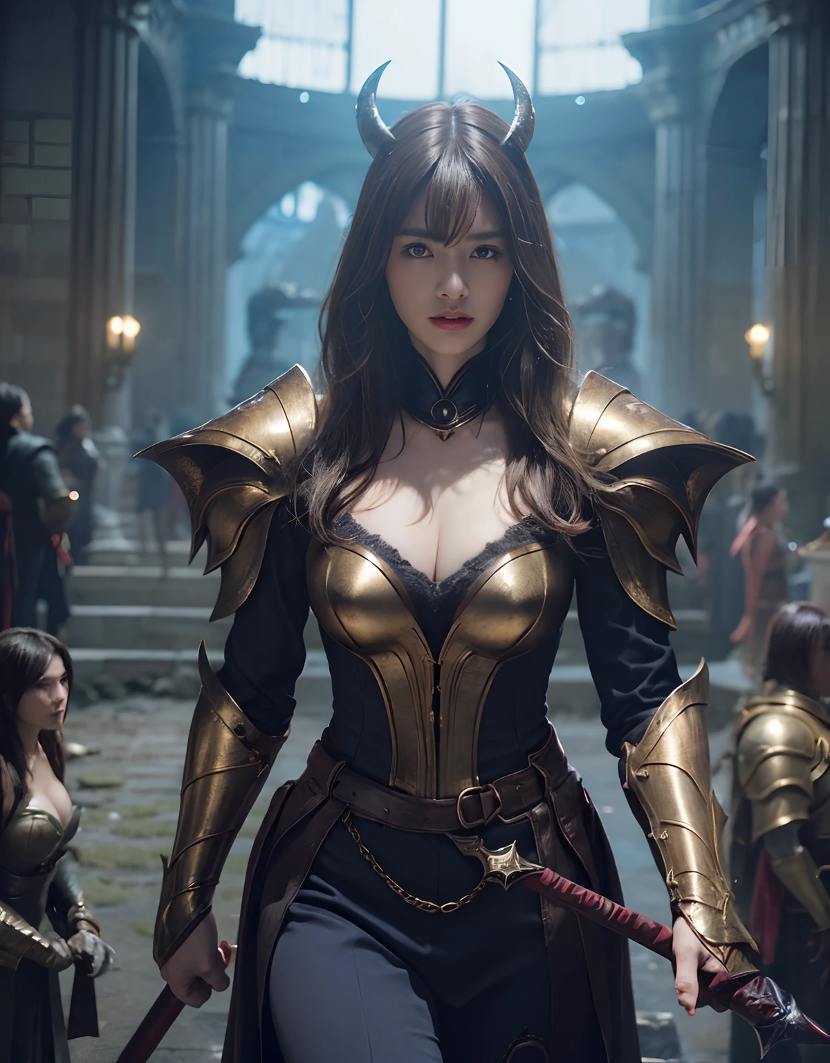 (One Knight Girl)、top-quality、masterpiece、超A high resolution、(Photorealsitic:1.4)、Raw photo、1人、(Wear the Dark Knight's Armor)、glowy skin、(Random hair),(((Dark Fantasy)))、Fight with beautiful swords and shields、(((Mystical expression))),(((Have a gorgeous and long magic wand))),(Gorgeous gold metal body)、(Fight goblins、ogre、Fierce battle with orcs),(Fighting strong enemies)、Fight fiercely、(Background of decaying dungeon ruins)、(Ultimate Beauty)、(Detailed knight's helmet)、(Fighting Demonic Beasts)、(Wizard Hat)、((super realistic details))、portlate、(Strong giant demon beast background),globalillumination、Shadow、octan render、8K、ultrasharp、Colossal tits、Raw skin is exposed in cleavage、metals、Details of complex ornaments、Japan details、highly intricate detail、Realistic light、(Mystical expression),CGSoation Trends、Red Eyes、radiant eyes、Facing the camera)、Gundam、Small LED、Toostock、(Background of the mutation)、(Attack of the Monster Beasts)、Ultimate Beauty、beautiful female knight、Wear colorful armor、Detailed sword、(Wearing legendary armor)、