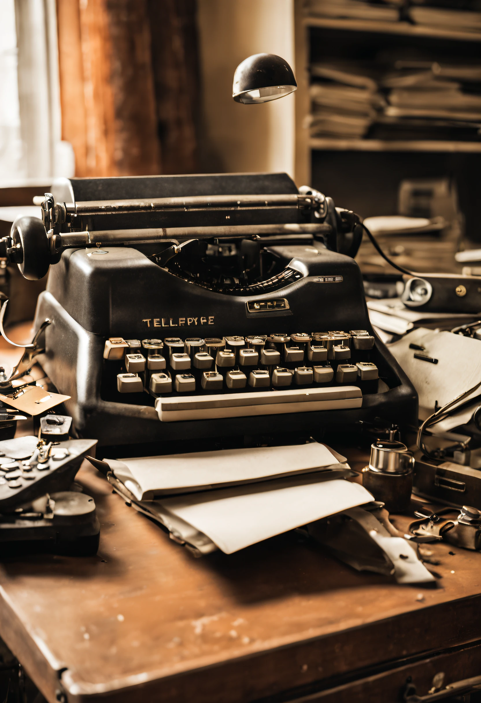 A vintage teletype machine sits atop a cluttered desk, its keys worn from years of use, ready to transmit your message to the world.