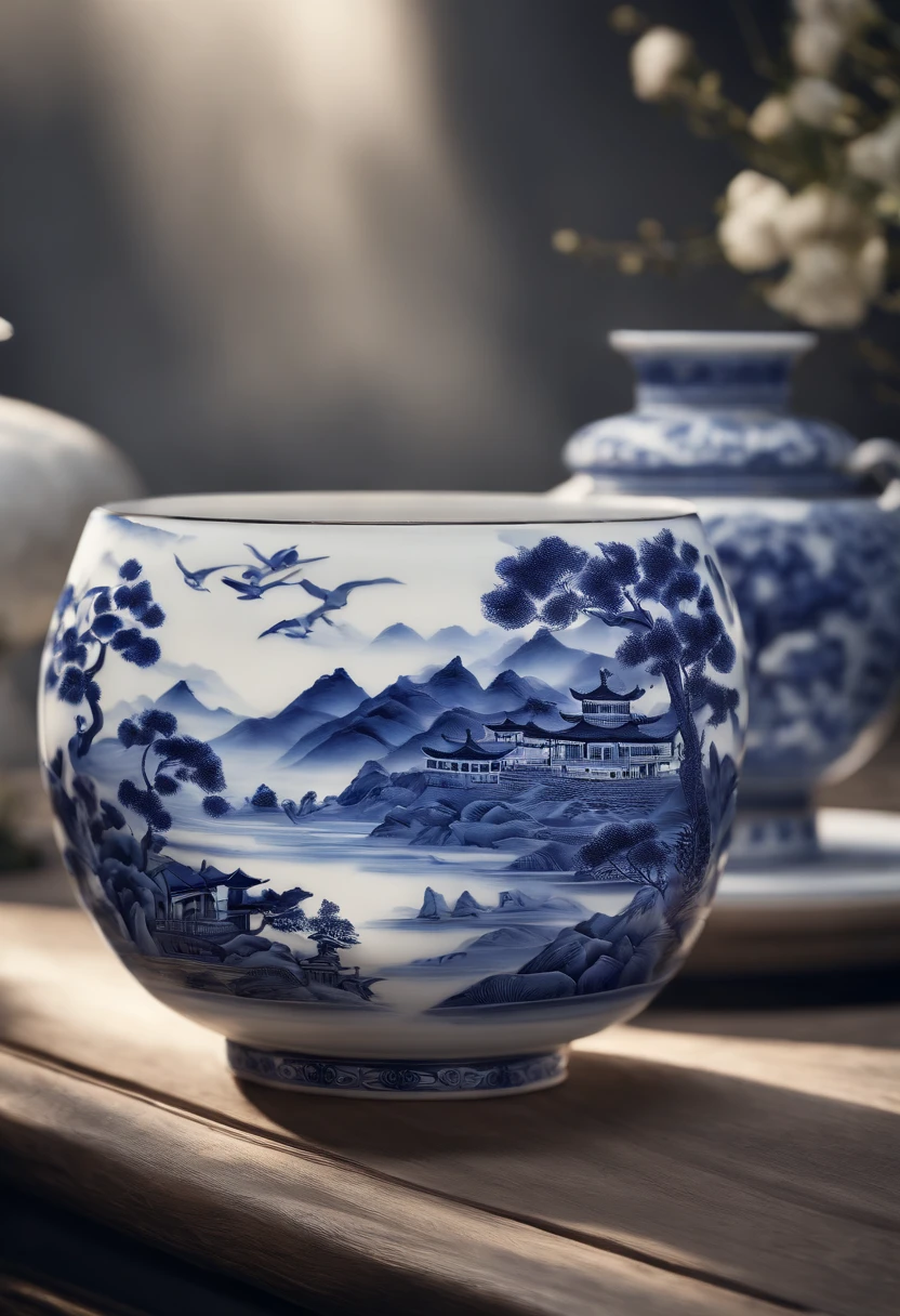 Blue and white porcelain,Ceramic material，drinking glass，On a table，Embossed Chinese landscape，artwork of a，Ornaments， high detail,3D， Chiaroscuro, Cinematic lighting, god light, Cinematic lighting, hyper HD, High details, Best quality, A high resolution, Textured skin