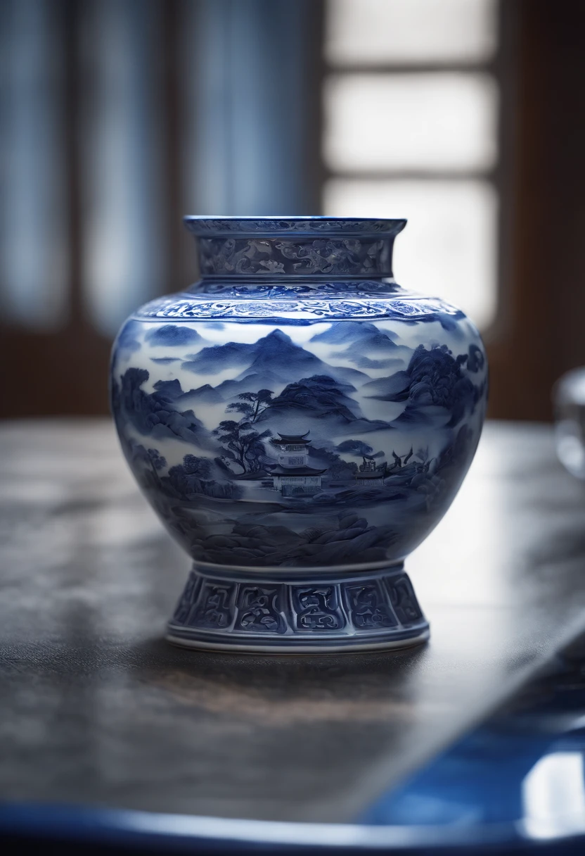 Blue and white porcelain,Ceramic material，drinking glass，On a table，Embossed Chinese landscape，artwork of a，Ornaments， high detail,3D， Chiaroscuro, Cinematic lighting, god light, Cinematic lighting, hyper HD, High details, Best quality, A high resolution, Textured skin