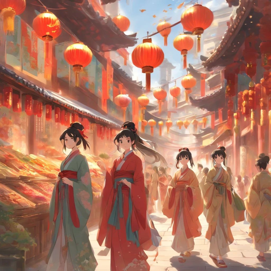 ,In the daytime,A group of women shopping,Chinese ancient style,The background is the streets and vendors