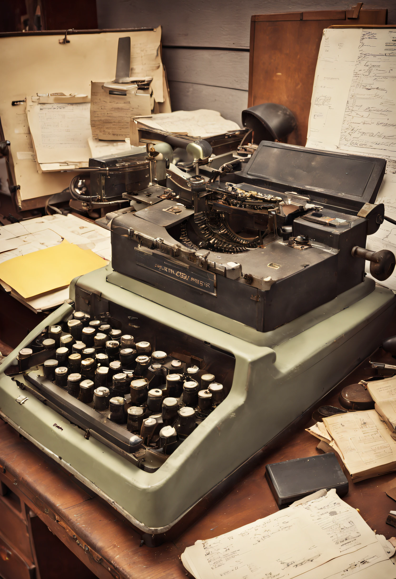 A vintage teletype machine sits atop a cluttered desk, its keys worn from years of use, ready to transmit your message to the world.
