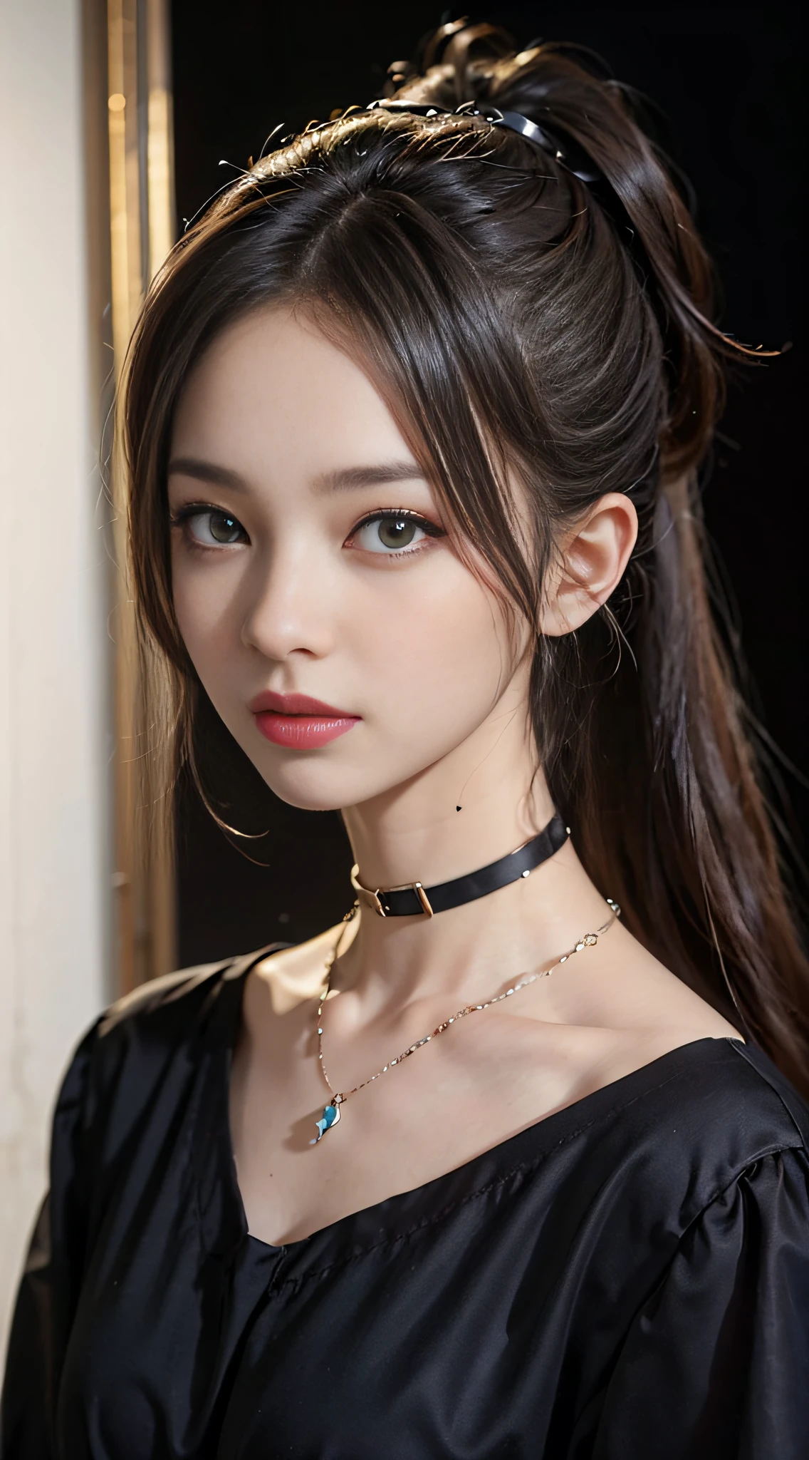 ((masterpiece:1.4)、(top-quality:1.4)、(reallistic:1.7))、masuter piece:1.4、Kawaii Girl、Portrait photos、Close-up photos、Upper body photography、beautiful countenance、defiance、dark backgrounds、Narrow waist、poneyTail、Raw photo、red-lips、a choker:1.4、a necklace:1.4、耳Nipple Ring:1.4、1 screen display、