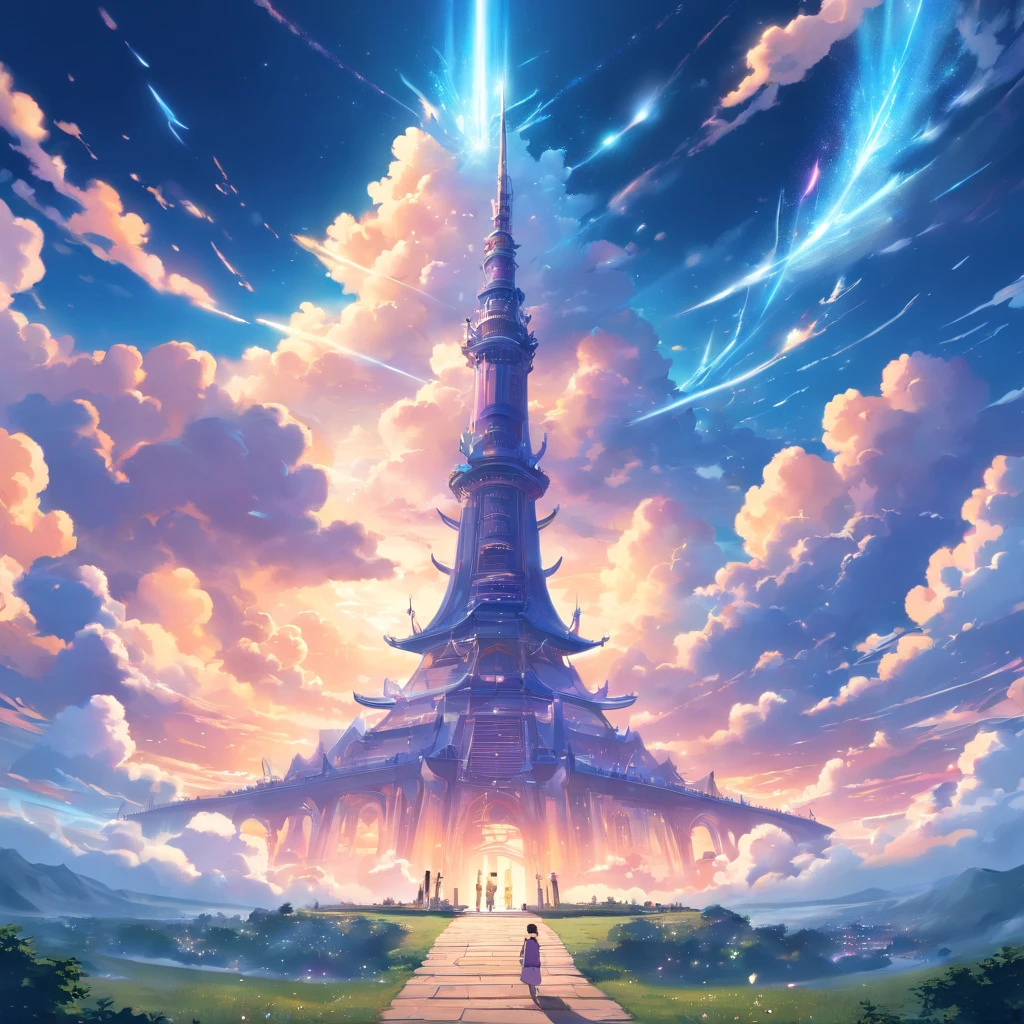 Tower of fantasy on land, Towering into the clouds, Magic world, Cloud, Magic elements surround the tower, magical beings, Magical beasts, Cinematic, iintricate，detail-rich, (Ultra-detailed CG unity 8k wallpaper), Shot from bellows, Low angle, one-point perspective