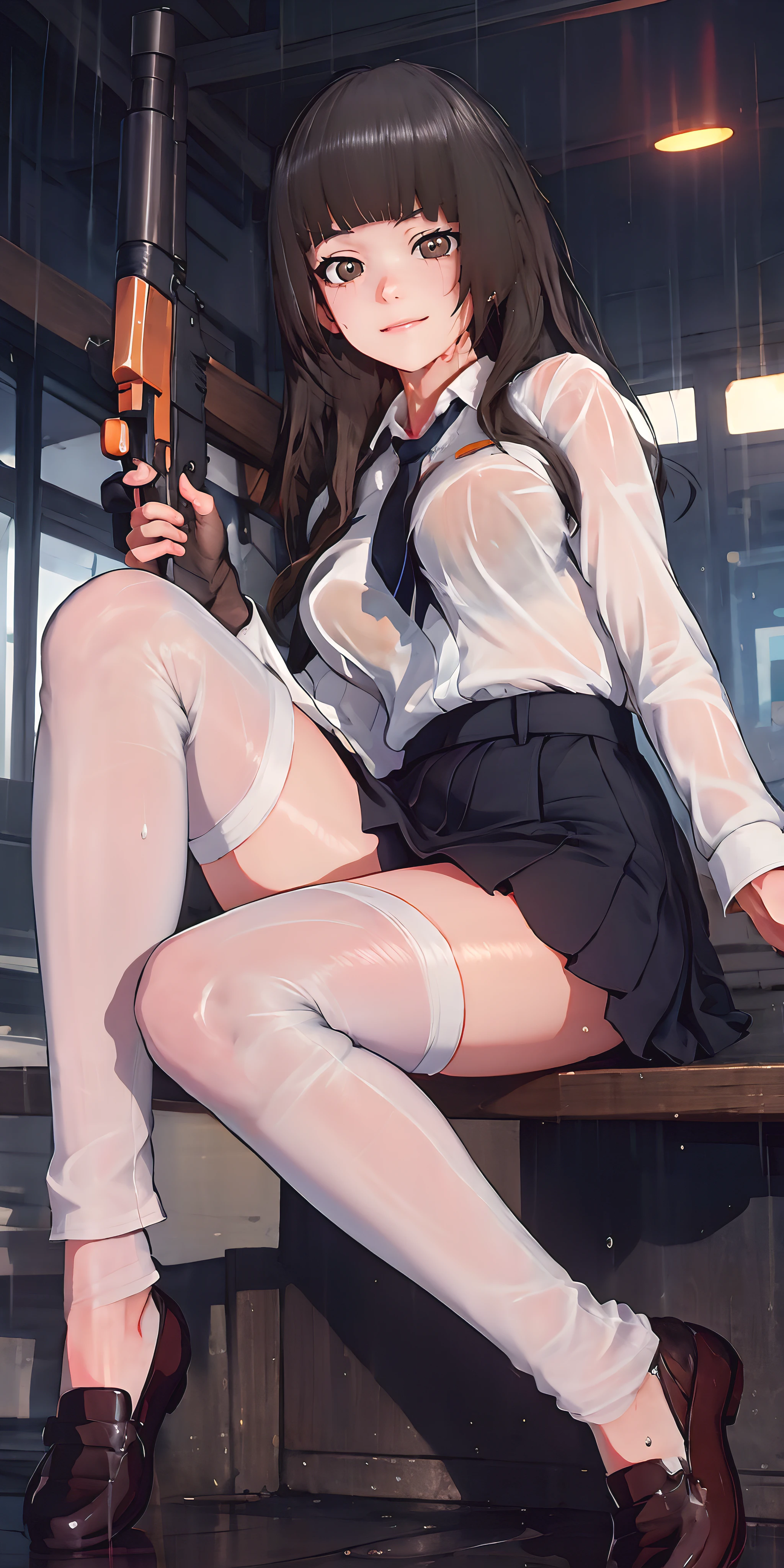 girls und panzer, nishizumi shiho, (long hair, black hair:1.6), weapon, 1girl, gun, wet, see-through, shoes, skirt, thighhighs, solo, breasts, necktie, white_legwear, holding_weapon, loafers, brown_footwear, looking_at_viewer, holding, holding_gun, bullpup, gloves, pleated_skirt, black_skirt, submachine_gun, shirt, pistol, skindentation, rain, black_neckwear, thigh_strap, glow effects, godrays, Hand drawn, render, 8k, octane render, cinema 4d, blender, dark, atmospheric 4k ultra detailed, cinematic, Sharp focus, big depth of field, Masterpiece, colors, 3d octane render, 4k, concept art, trending on artstation, hyperrealistic, Vivid colors, extremely detailed CG unity 8k wallpaper, trending on CGSociety, Intricate, High Detail, dramatic, anime coloring, anime screencap,