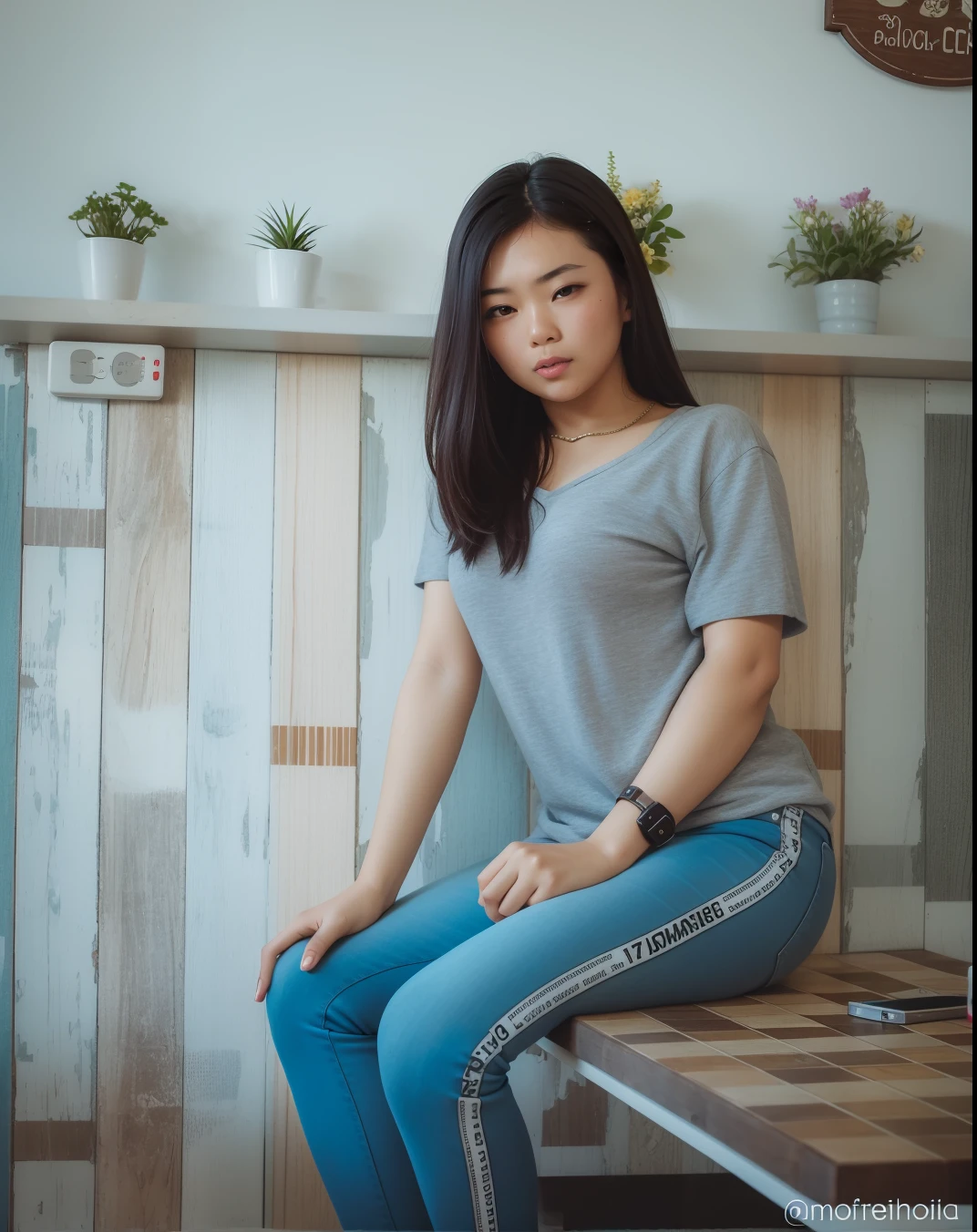 there is a woman sitting on a bench in a room, young asian girl, a young asian woman, casual photography, asian girl, young asian woman, casual pose, an asian woman, 18 years old, asian female, asian woman, sitting on a table, nivanh chanthara, wearing nude cum in face