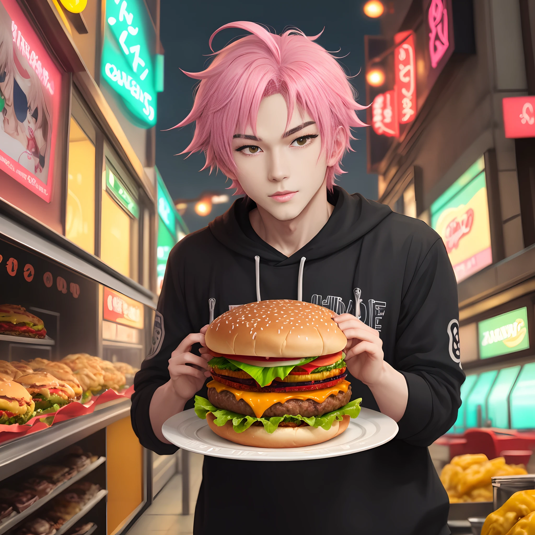 Neon Anime Man with Hamburger