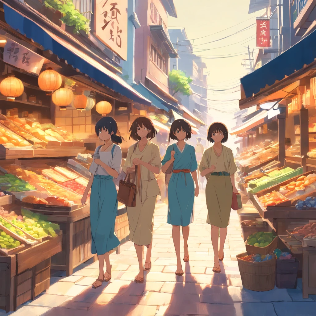 In the daytime，A group of women shopping，ancient wind，The background is the streets and vendors