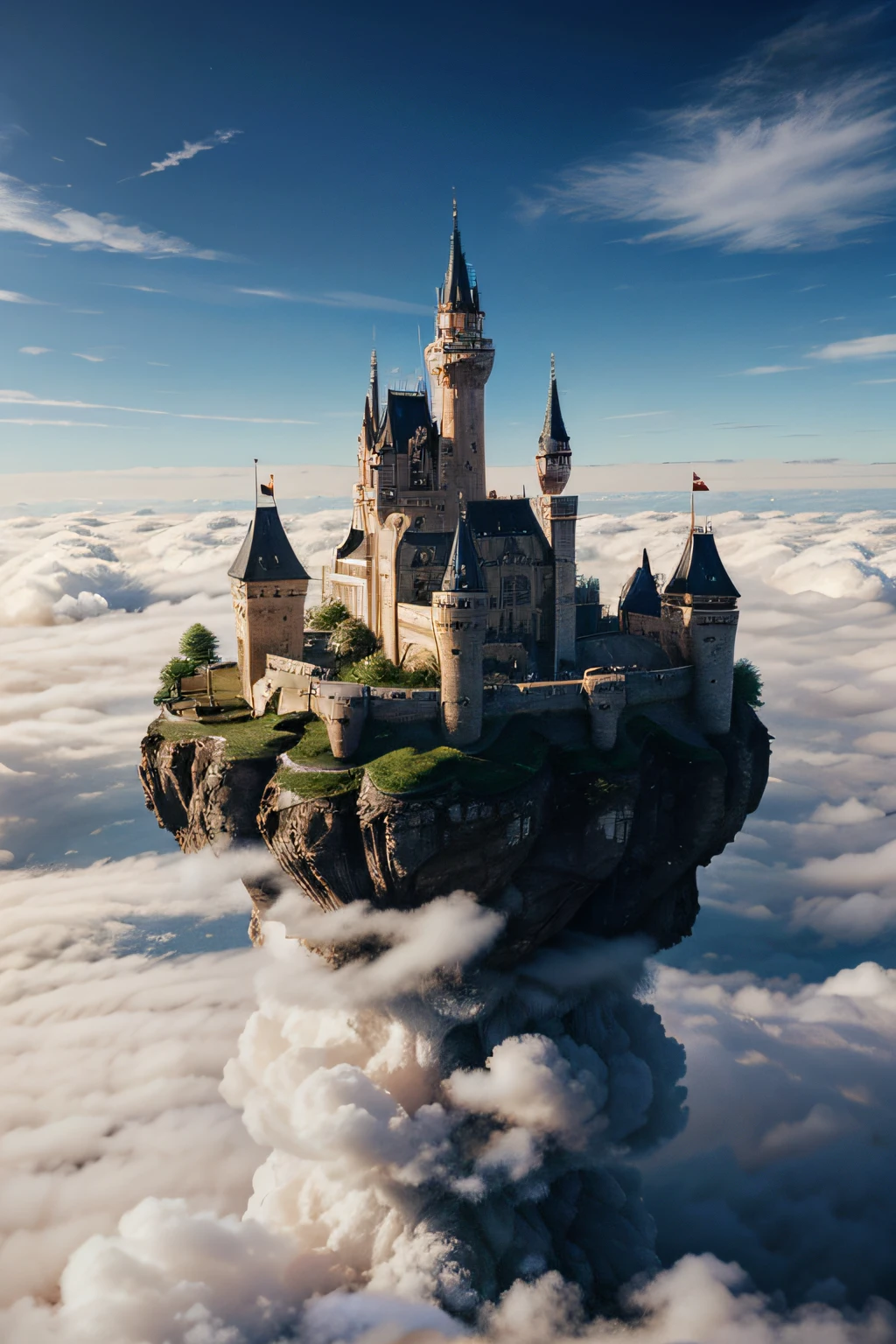 Realistic image of a beautiful and gigantic castle built in the sky, above the clouds, size 1080x1080