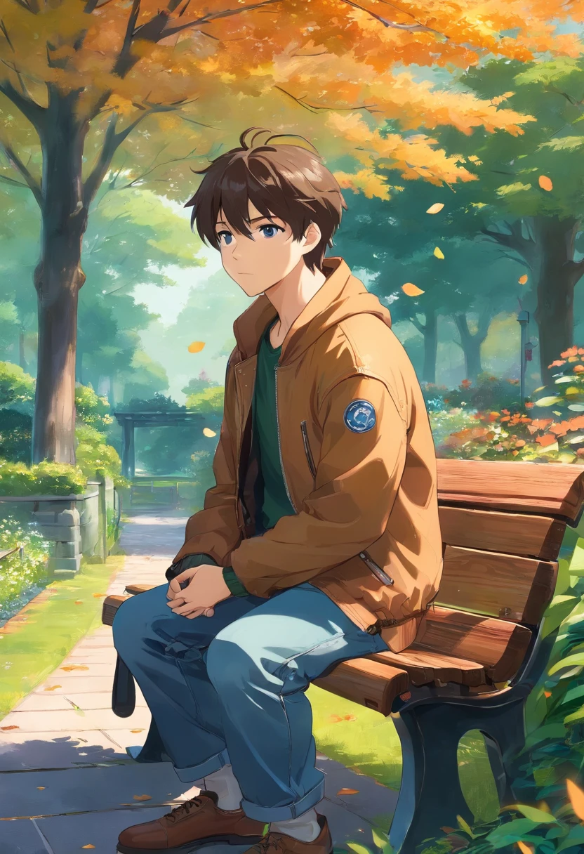 there is a elder man in the garden, he is sitting on a bench to the left, his face is sad and contemplative, his eyes are glassy, ​​the man is wearing a brown leather jacket and torn jeans, the garden is quiet with an autumn background, the leaves are scattered with brown