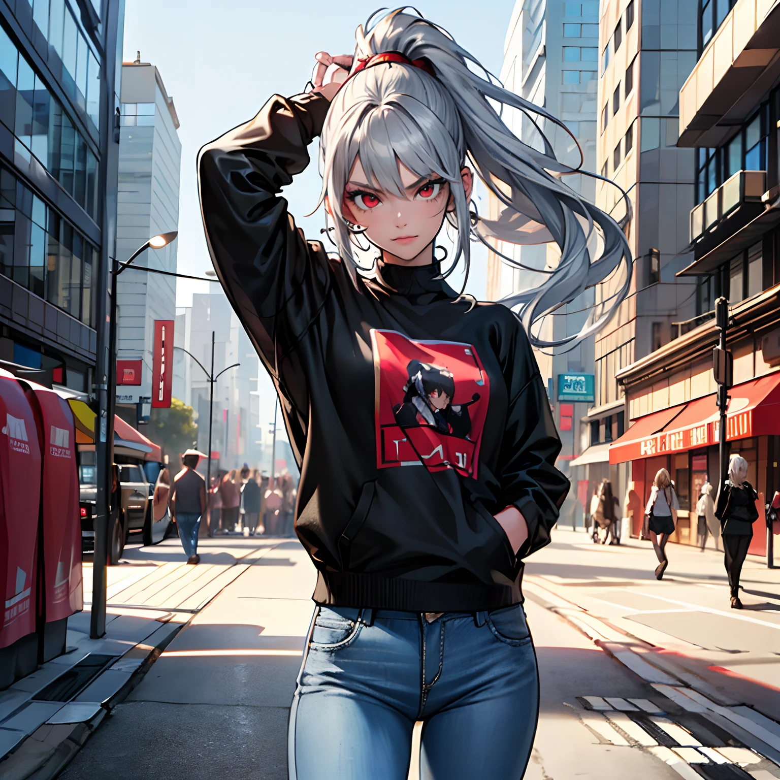 (8k), (best quality), (masterpiece: 1.2), (realistic), (photorealistic: 1.37), ultra detailed, one girl, viewer watching, half body, long plain T-shirt with a black jacket, baggy jeans, city life, high ponytail, silver hair, red eyes