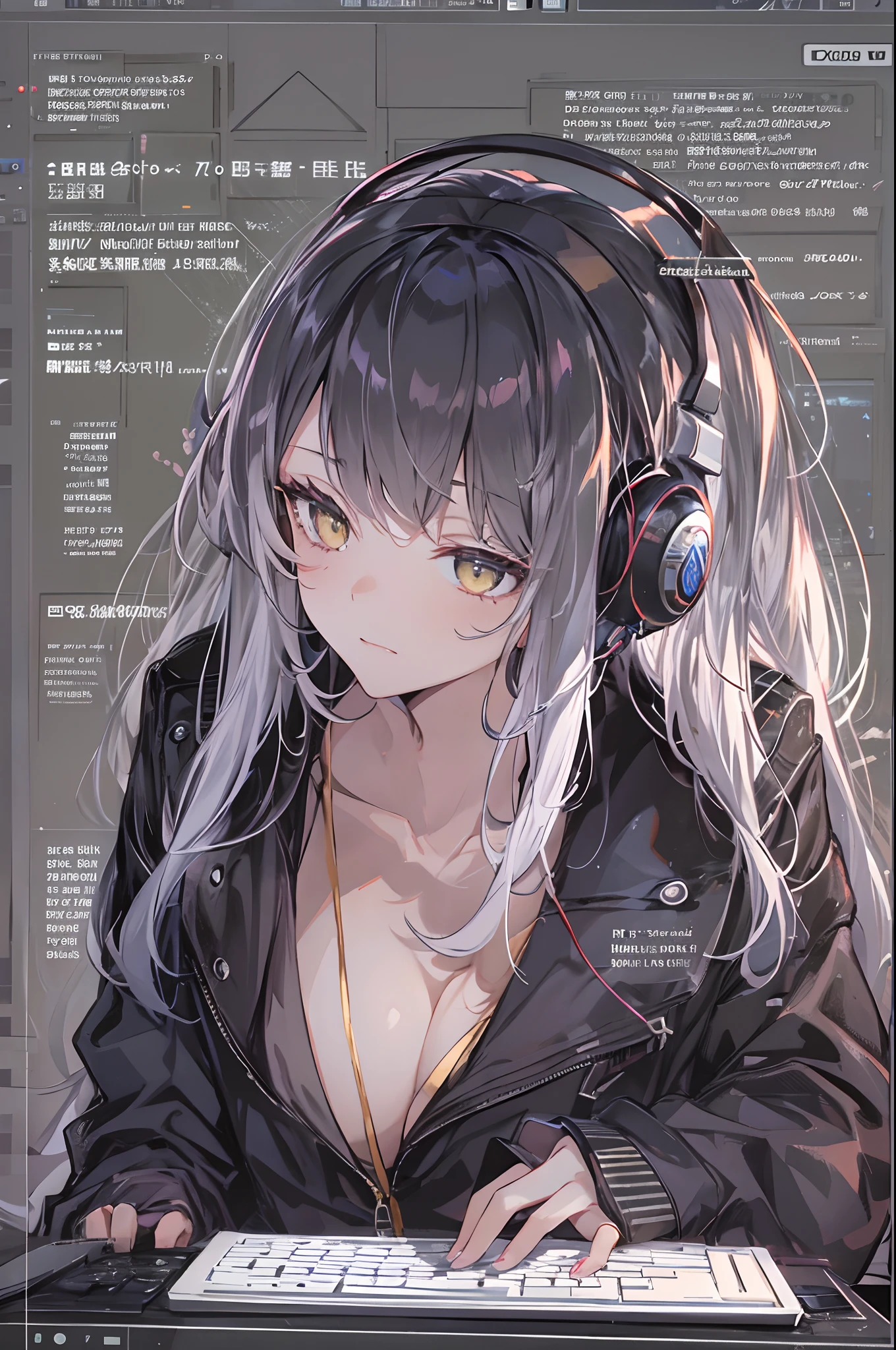 Woman using computer with big screen、silber hair、Semi-long hair、Wearing cool headphones,{{{{{{{{ Black Parker Oversize }}}}}}}},beautiful and delicate golden eyes,Thinking,black Clothes,