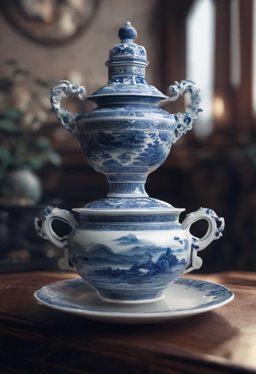 Blue and white porcelain,Ceramic material,holding cup,On a table,anaglyph,chinse landscape,artwork of a,Ornaments, high detail,3D, Chiaroscuro, Cinematic lighting, god light, Cinematic lighting, hyper HD, High details, Best quality, A high resolution, Textured skin