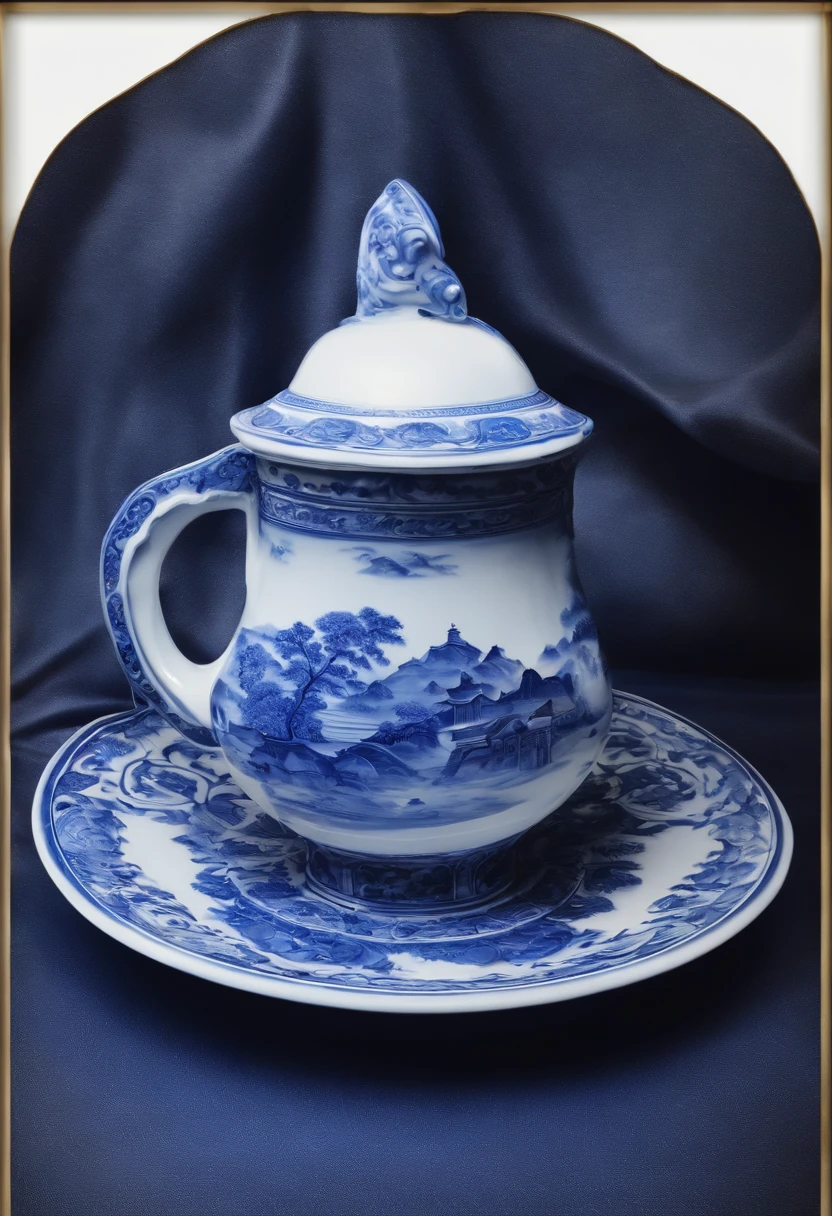 Blue and white porcelain,Ceramic material,holding cup,On a table,anaglyph,chinse landscape,artwork of a,Ornaments, high detail,3D, Chiaroscuro, Cinematic lighting, god light, Cinematic lighting, hyper HD, High details, Best quality, A high resolution, Textured skin