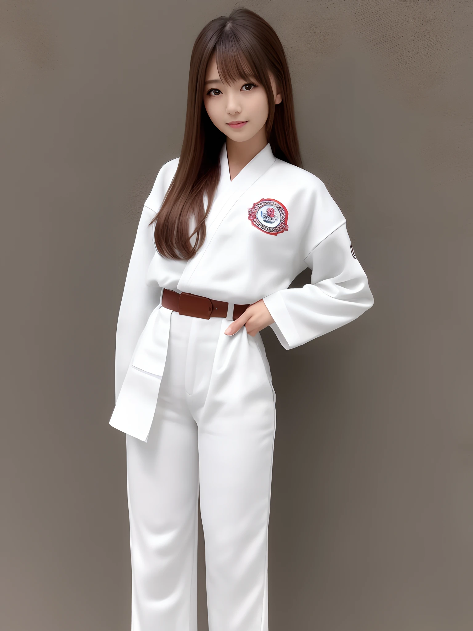 (Photorealsitic)(sixteen years old), Perfectly beautiful woman, (Full body 8K portrait), Large and dynamic hand and foot movements, White Karate Uniform, White karate pants, Large bust,Stand alone, Bring your fist forward, Large and dynamic hand and foot movements, Correct skeleton, Perfect facial detail, (Smile: 1.15), attractive beautiful face, gazing at viewer, a small face, 二重まぶた, Beautiful detailed eyes, long eyeslashes, ligh brown hair, poneyTail, Toned waist, Beautiful thin legs, toned ankles, bare-legged ,TOKYOcty