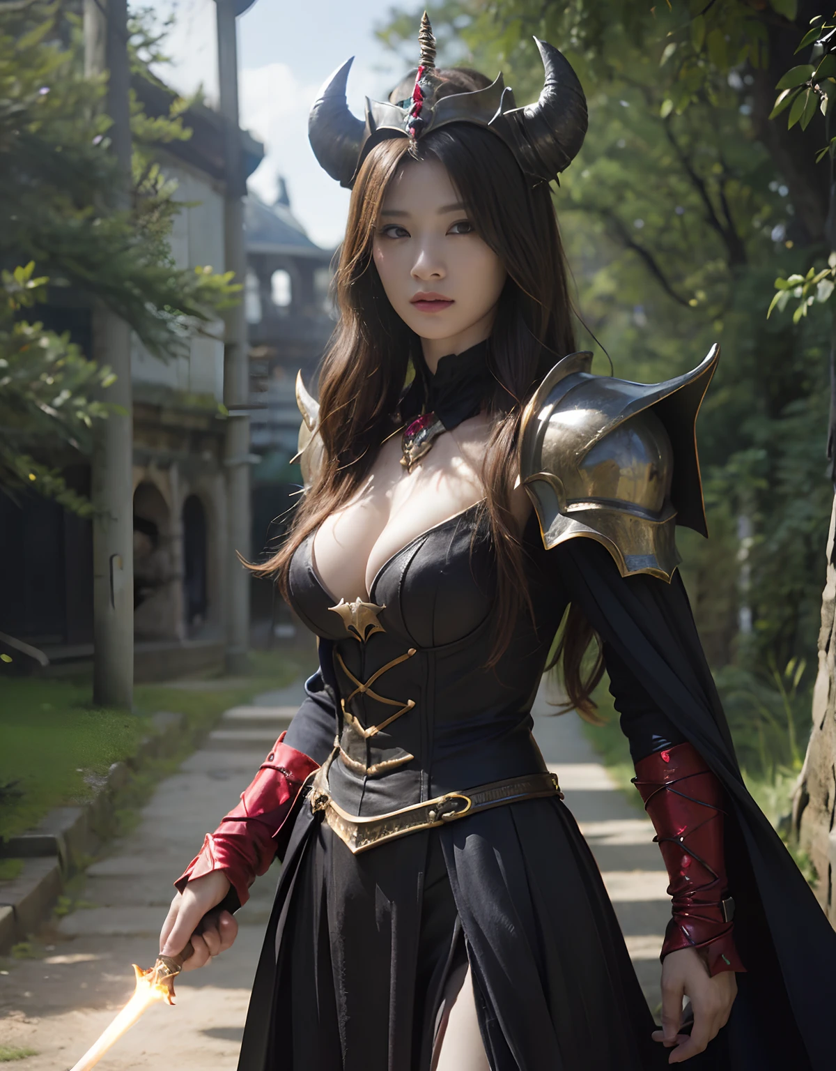 (One Knight Girl)、top-quality、masterpiece、超A high resolution、(Photorealsitic:1.4)、Raw photo、1人、(Wear the Dark Knight's Armor)、glowy skin、(Random hair),(((Dark Fantasy)))、Fight with beautiful swords and shields、(((Mystical expression))),(((Have a gorgeous and long magic wand))),(Gorgeous gold metal body)、(Fight goblins、ogre、Fierce battle with orcs),(Fighting strong enemies)、Fight fiercely、(Background of decaying dungeon ruins)、(Ultimate Beauty)、(Detailed knight's helmet)、(Fighting Demonic Beasts)、(Wizard Hat)、((super realistic details))、portlate、(Strong giant demon beast background),globalillumination、Shadow、octan render、8K、ultrasharp、Colossal tits、Raw skin is exposed in cleavage、metals、Details of complex ornaments、Japan details、highly intricate detail、Realistic light、(Mystical expression),CGSoation Trends、Red Eyes、radiant eyes、Facing the camera)、Gundam、Small LED、Toostock、(Background of the mutation)、(Attack of the Monster Beasts)、Ultimate Beauty、beautiful female knight、Wear colorful armor、Detailed sword、(Wearing legendary armor)、