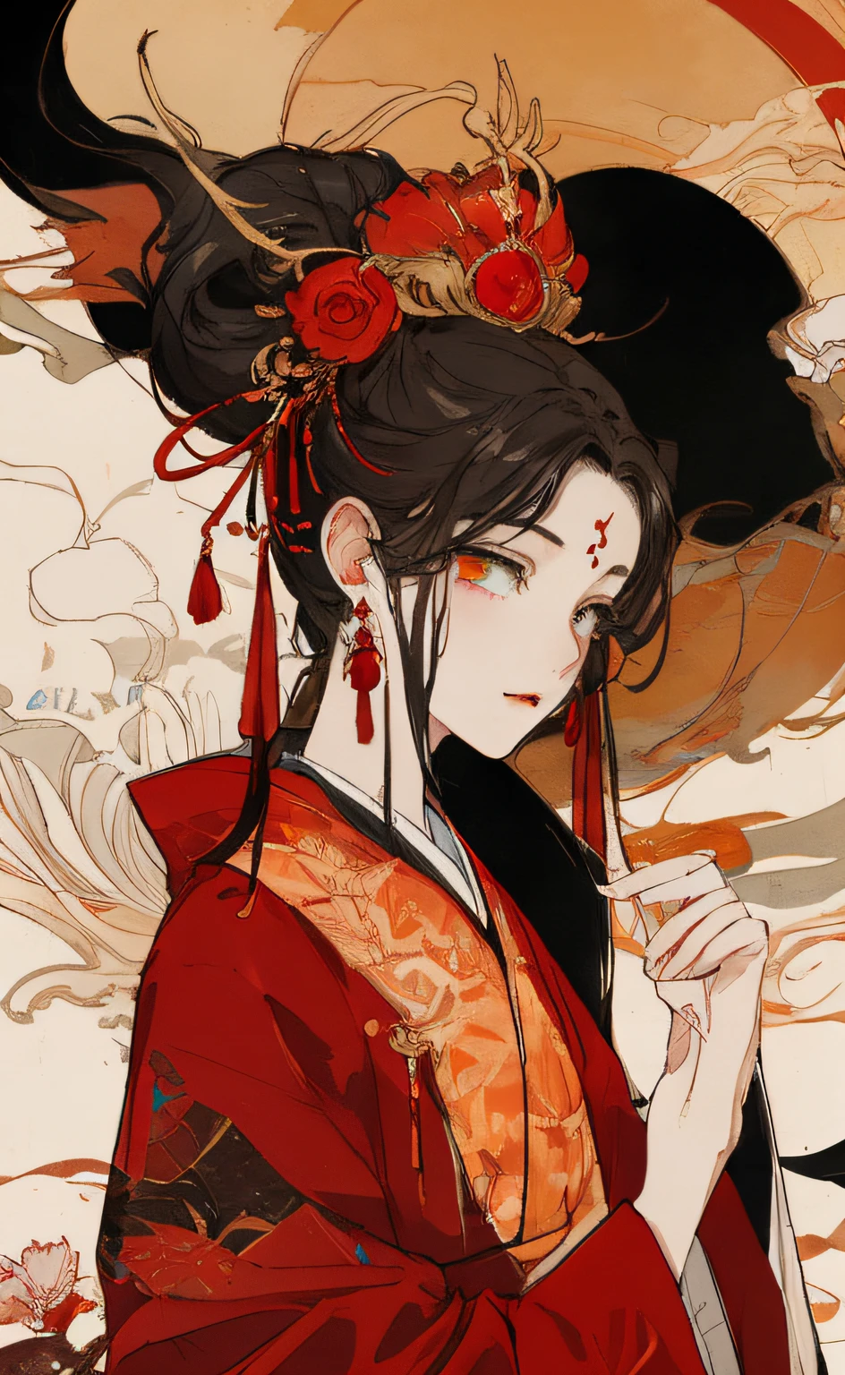 Mature woman, 独奏, red long skirt，Red costume，ornate headdress，Nobile，Redlip，long eyelasher， tmasterpiece, Best quality at best, realisticlying, ultra - detailed, (shiny skins, perspired:1.4), absurderes, looking at viewert, with short black hair, red color eyes,Slender,Dynamic light and shadow,A high resolution,Sharp focus,depth of fields,The eyes are delicate,Sharp pupils,pupil realistic,Not exposed,(Long legs:1.0),Chinese-style palace，